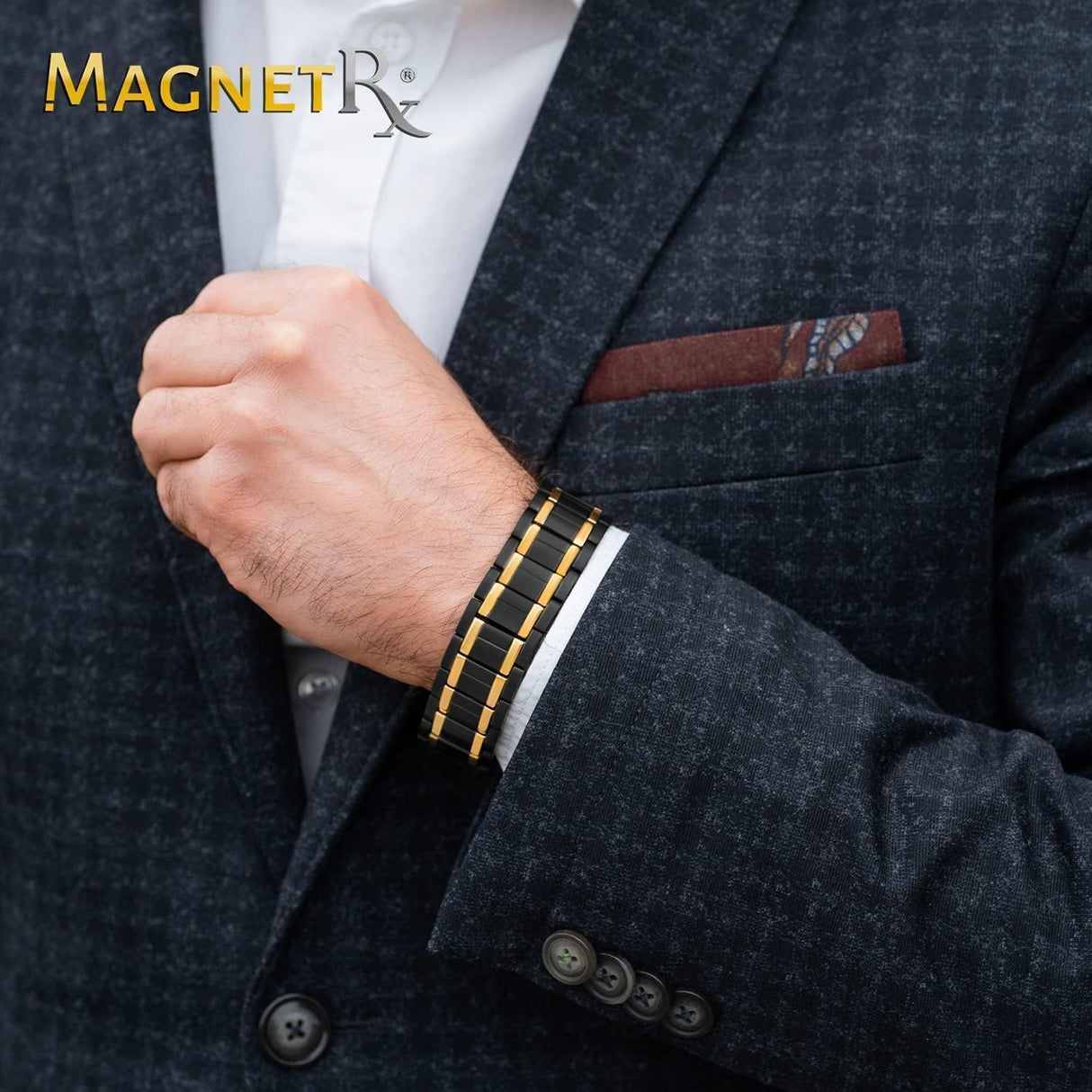 MagnetRX® 3X Strength Titanium Magnetic Bracelet – Magnetic Bracelets for Men – Premium Fold-Over Clasp and Adjustable Length with Sizing Tool (Black/Gold)