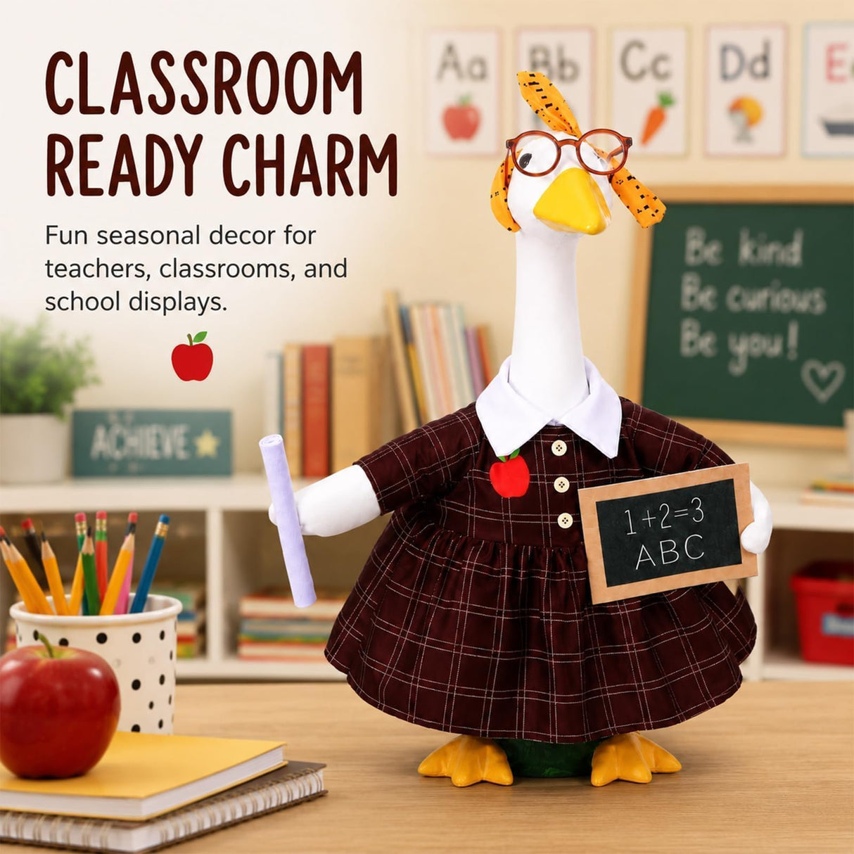 23" Back to School Porch Goose Outfits Teacher Lawn Costume Goose Costume Set Chalkboard Dress Glasses Porch Geese Costumes First Day of School Decoration for Garden Yard Patio Statue Supplies