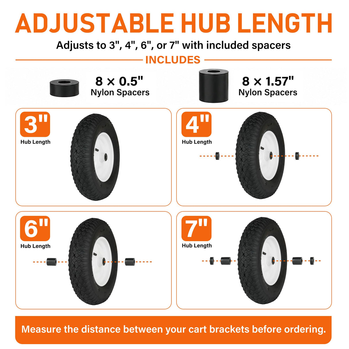 LotFancy 4.80/4.00-8 Tire and Wheel, 2 Pack 16 Inch Pneumatic Wheelbarrow Replacement Wheels, 5/8" Bearings, Adjustable 3" to 7" Centered Hub, for Wheelbarrows, Garden Carts, Yard Wagons