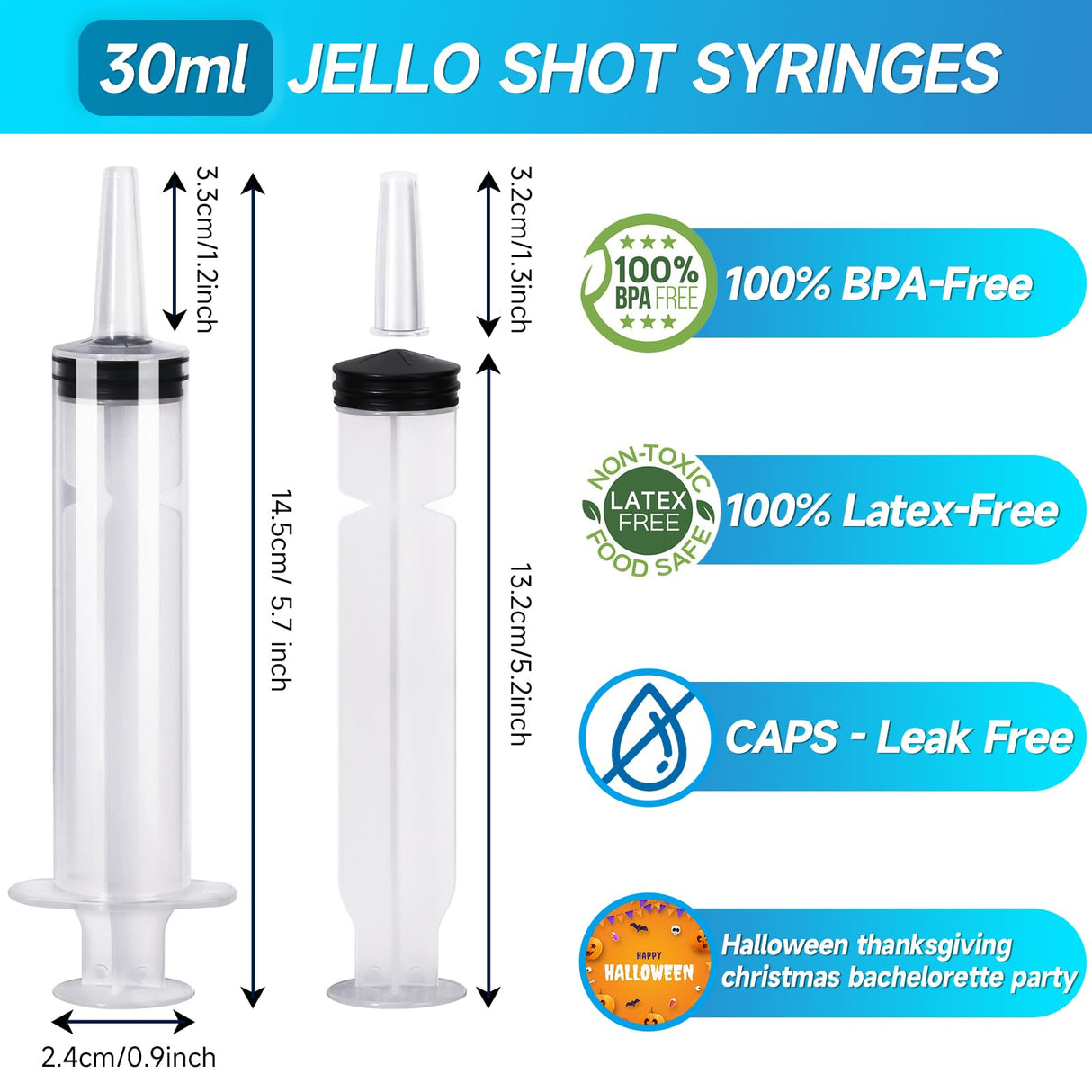 100 Pack Syringes with Tip Cap, 30ml Liquid Syringe BPA-Free Suringes, Washable,Durable, Party Nurses, Halloween, Thanksgiving day, Christmas