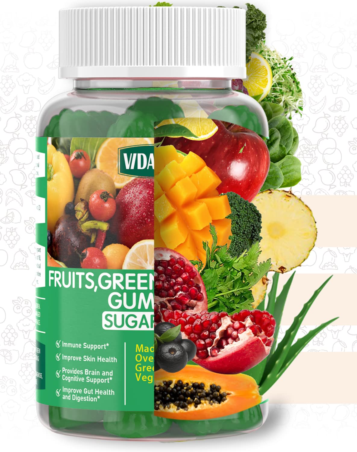 VIDAVITE Sugar-Free Fruit and Veggie Gummies — 35+ Greens, Fruit and Vegetable Vitamins to Boost Immunity, Skin & Gut Health — Ideal Fruity Vegetable Supplement for Adults & Kids (60 Gummies)