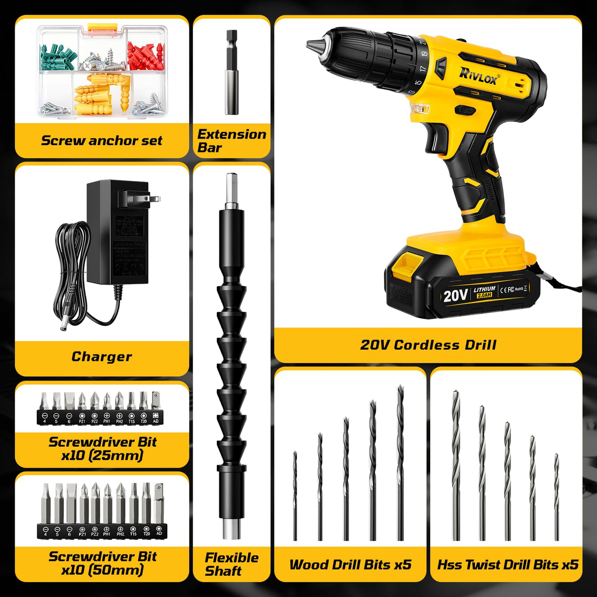 20V Cordless Drill Set,Electric Power Drill Cordless,Power Drill Drivers,Electric Screwdriver - 2.0Ah Batteries, 30Nm,21+1 Torque,2 Speed, Built-in LED,Kit for Home, Yellow