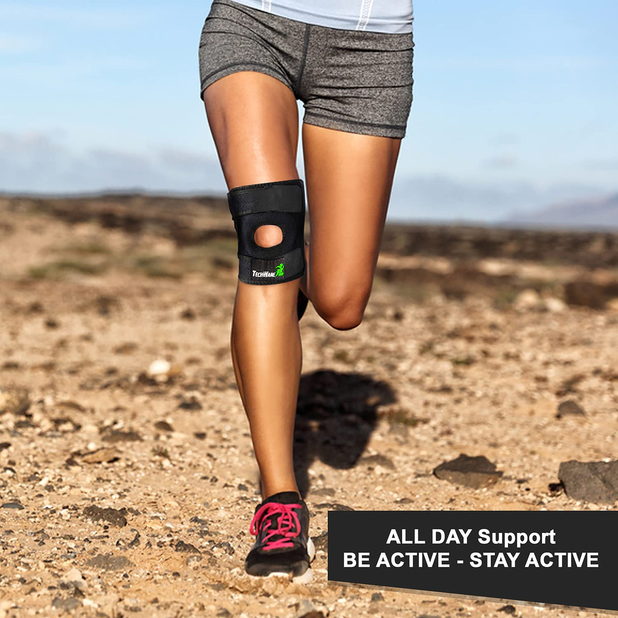 TechWare Pro Knee Brace Support - Relieves ACL, LCL, MCL, Meniscus Tear, Arthritis, Tendonitis Pain. Open Patella Dual Stabilizers Non Slip Comfort Neoprene. Black Medium