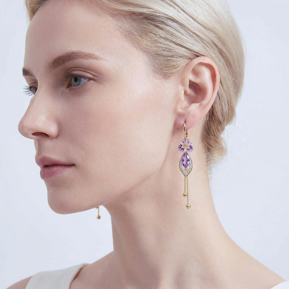 14K gold plated Purple Flower Dangle Chandelier Drop Earrings for Women Hypoallergenic Cubic Zirconia Elegant Statement Jewelry Gifts