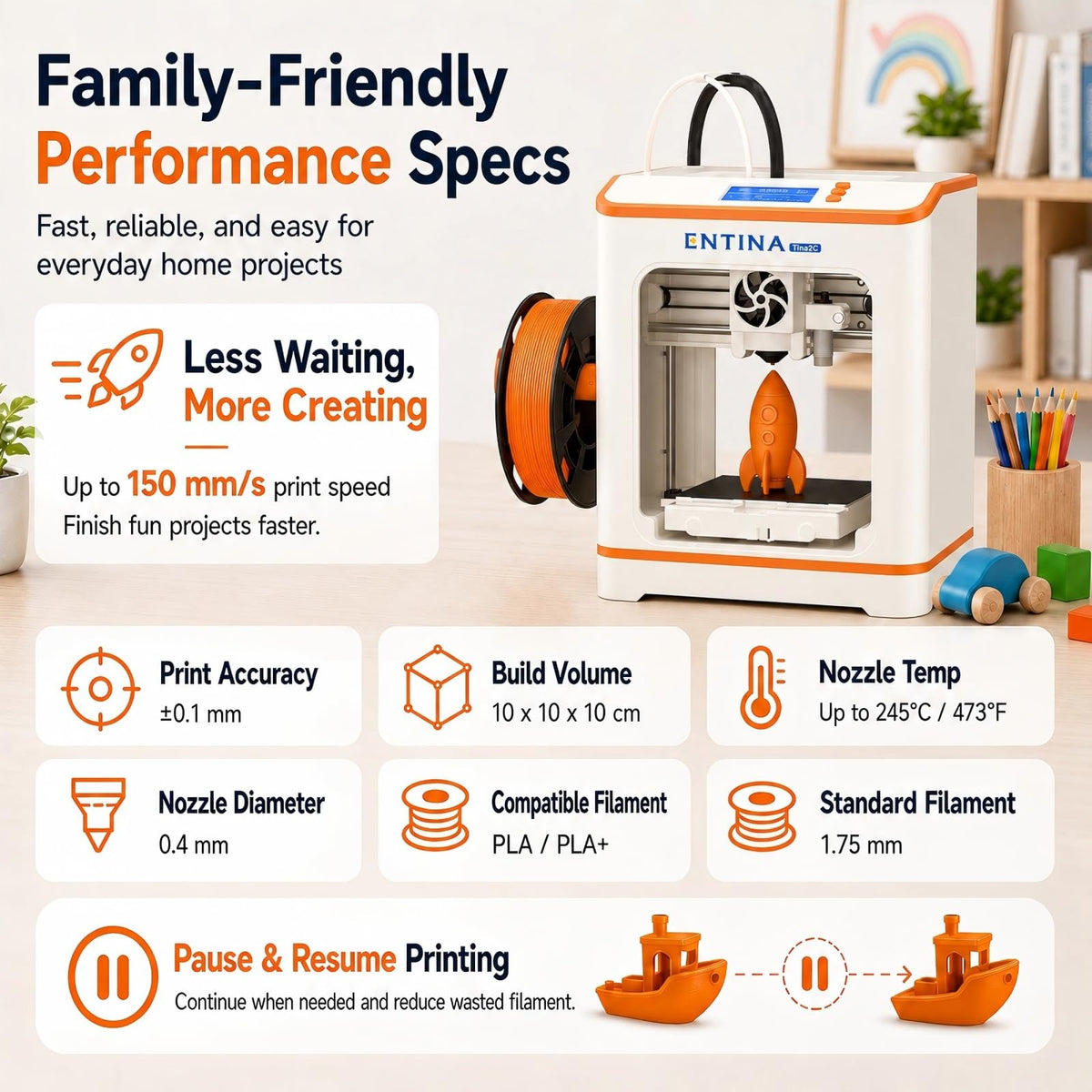 Entina Tina2C 3D Printer for Beginners, Fully Assembled Starter Mini 3D Printer, Start in 8 Mins, App & WiFi Control, Auto Leveling, 3500+ Model Library, 25+ Creative DIY Modules for STEM, Home