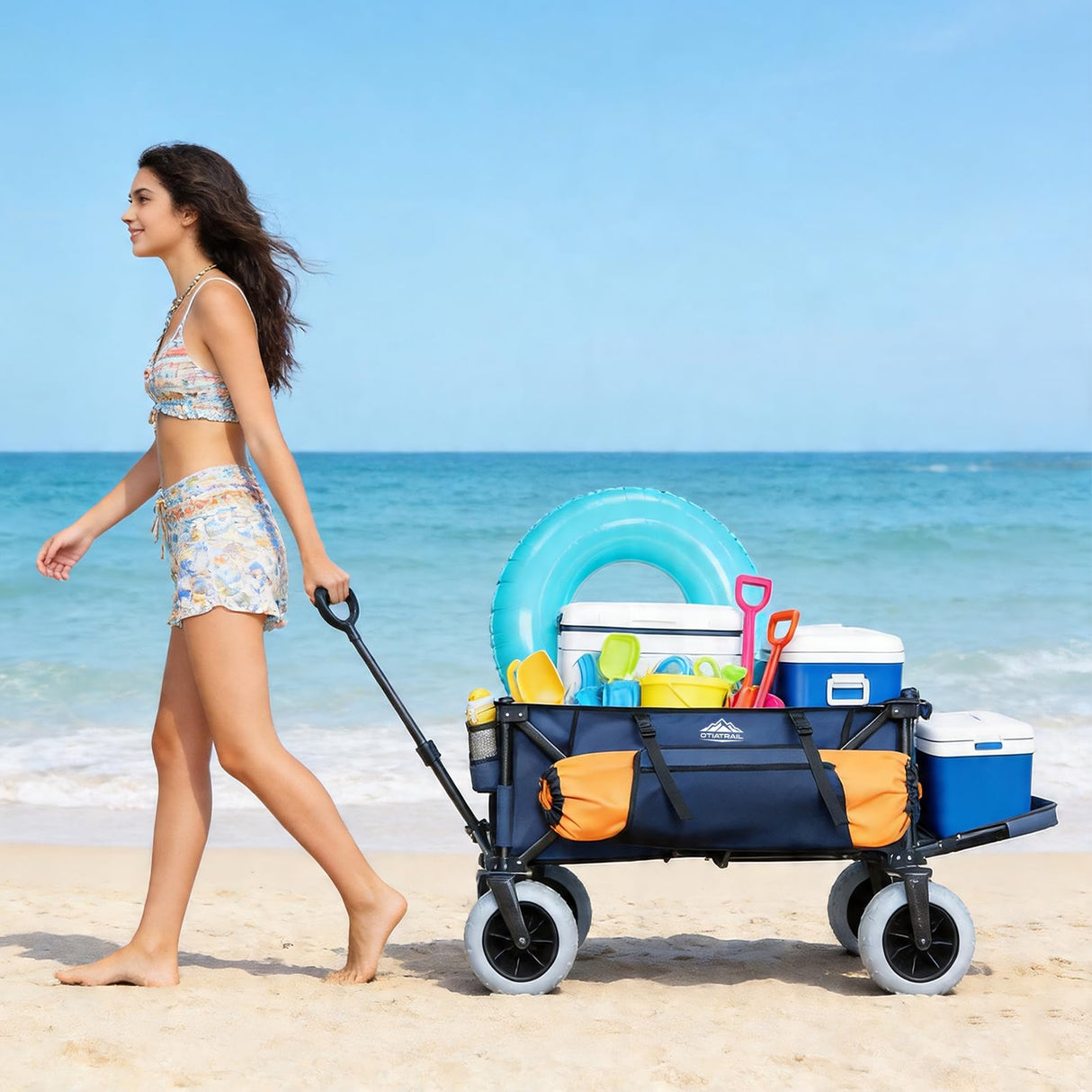 OTIATrail 300L Foldable Beach Wagon with Tailgate, 9" Flat-Free PU Wheels, Heavy Duty Utility Wagon Cart for Camping, Sports, Shopping, Garden, Outdoor, Navy Blue