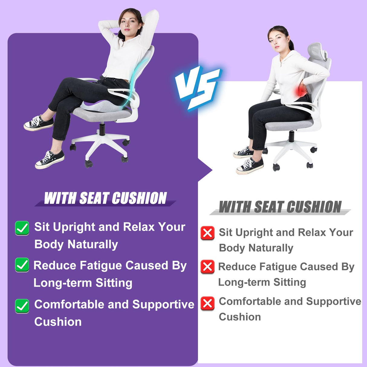 FOKEP Seat Cushion, X Large Memory Foam Cushion for Office Chair Cushions, Car Seat, Gaming Chair, Ergonomic Cushions Pad Pillow for Sciatica, Tailbone Pain Relief and Long Sitting (Purple)