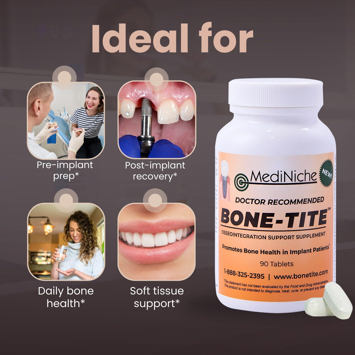 Bone-Tite Osseointegration Support Supplement I Key Vitamins, Minerals, and Nutrients to Promote Dental Implant Support | 90 Tablets | Pack of 1