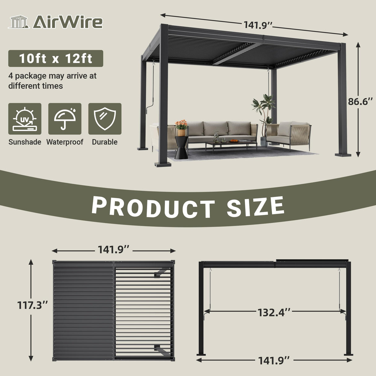 AirWire 10x12 FT Louvered Pergola Dark Gray