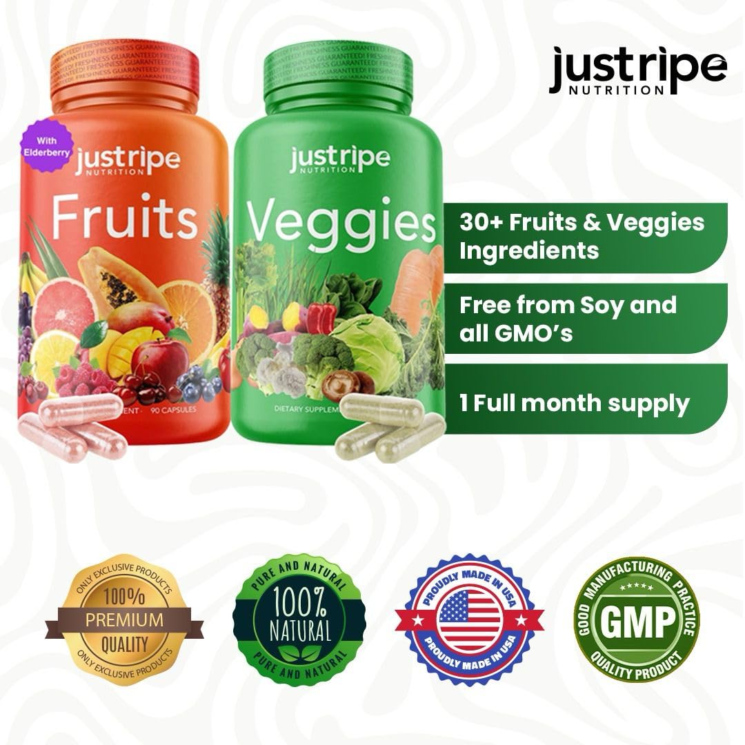Just Ripe Nutrition Fruits and Veggies Supplement - 90 Fruit and 90 Vegetable Capsules - 100% Whole Natural Superfood - Filled with Vitamins and Minerals - Supports Energy Levels (2 Pack)