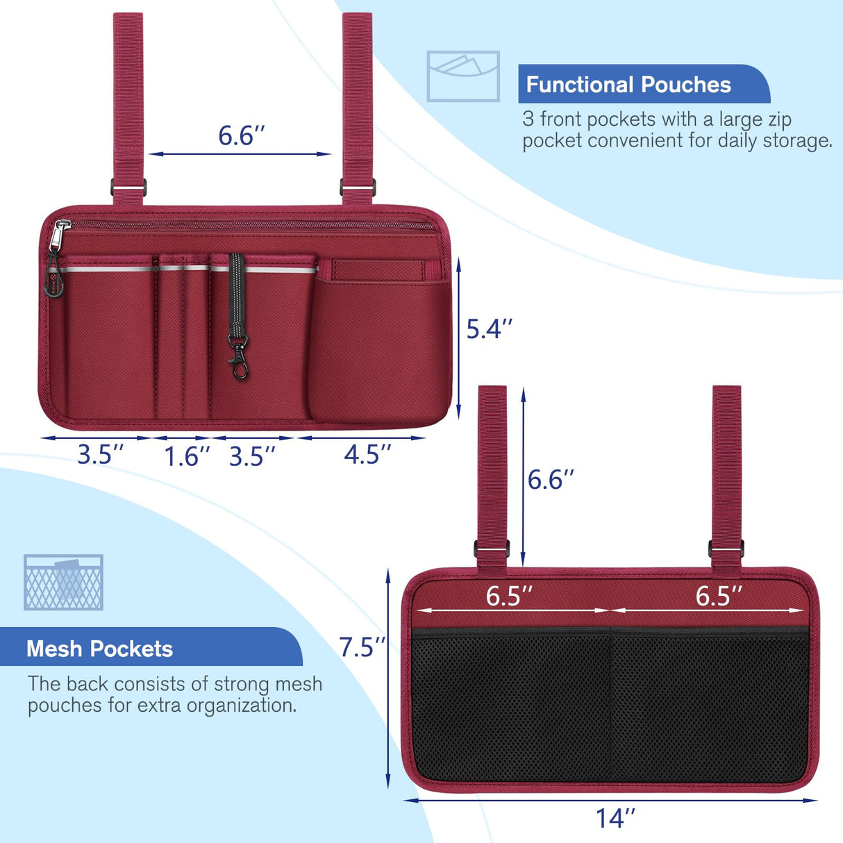 FINPAC Wheelchair Side Storage Bag w/Cup Holder, Wheelchair Armrest Accessories Pouch with Pen Slot and Reflective Strips for Power Walkers, Rollators, Seniors - Burgundy