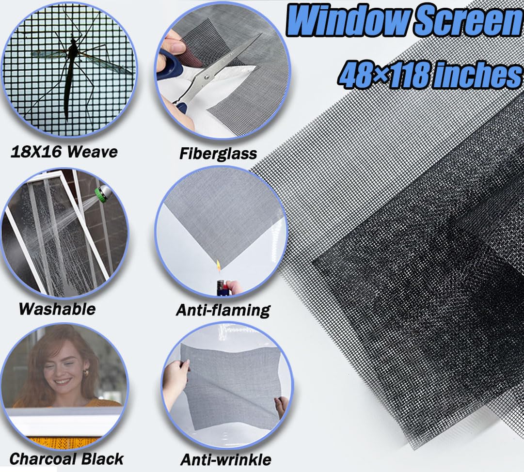 King&Charles Window Screen Door Repair/Replacement Kit, Include Black Screen Mesh 48"x118"+ 2 Roller+50Ft Spline+8Clips+Hook, 6 in 1 Window Mesh Kit, Steel/Nylon Bearing Roller