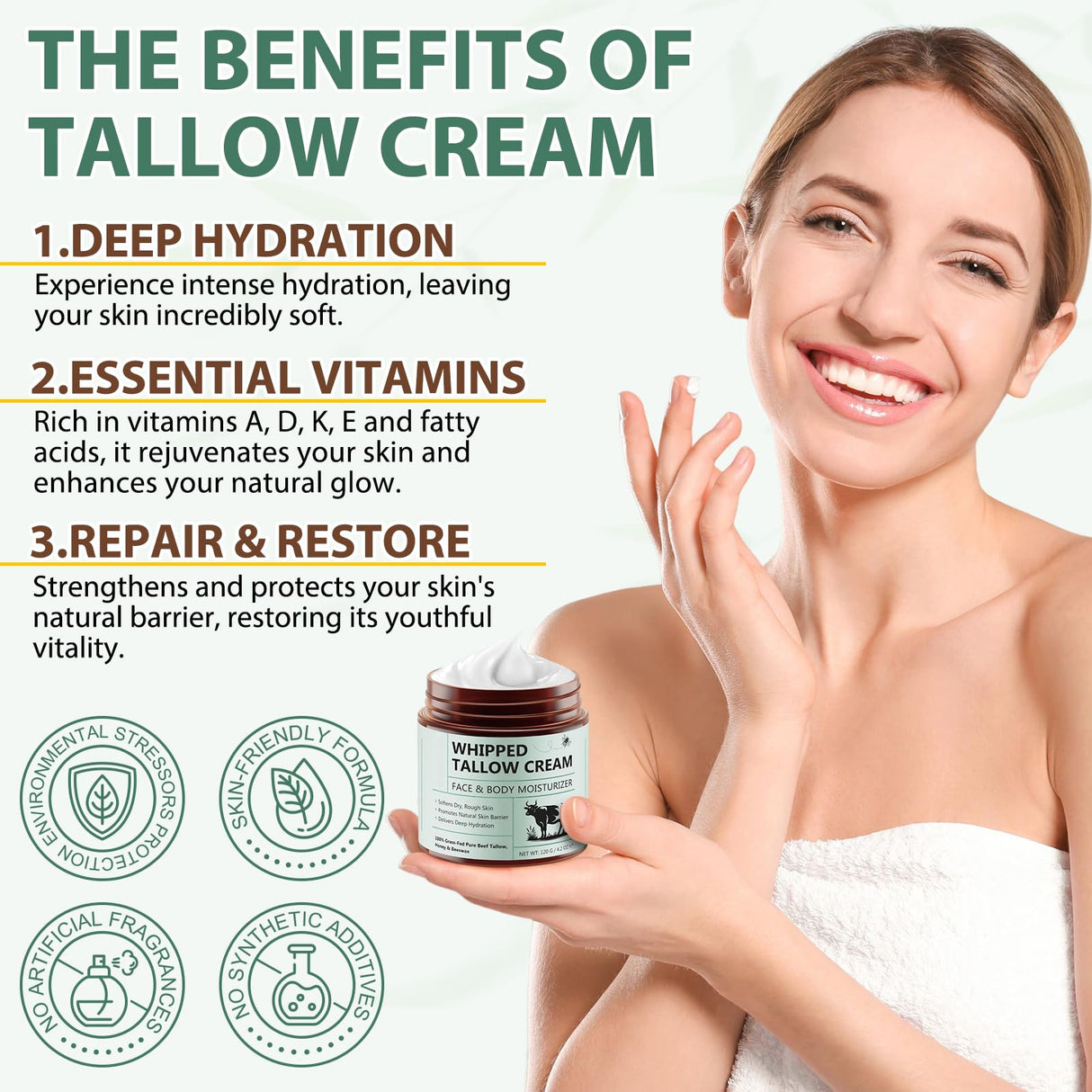 Liefiet Beef Tallow for Skin, Tallow and Honey Balm 4.2oz, Deep Nourishing Face and Body Moisturizers, Organic Grass Fed Whipped Beef Honey Cream