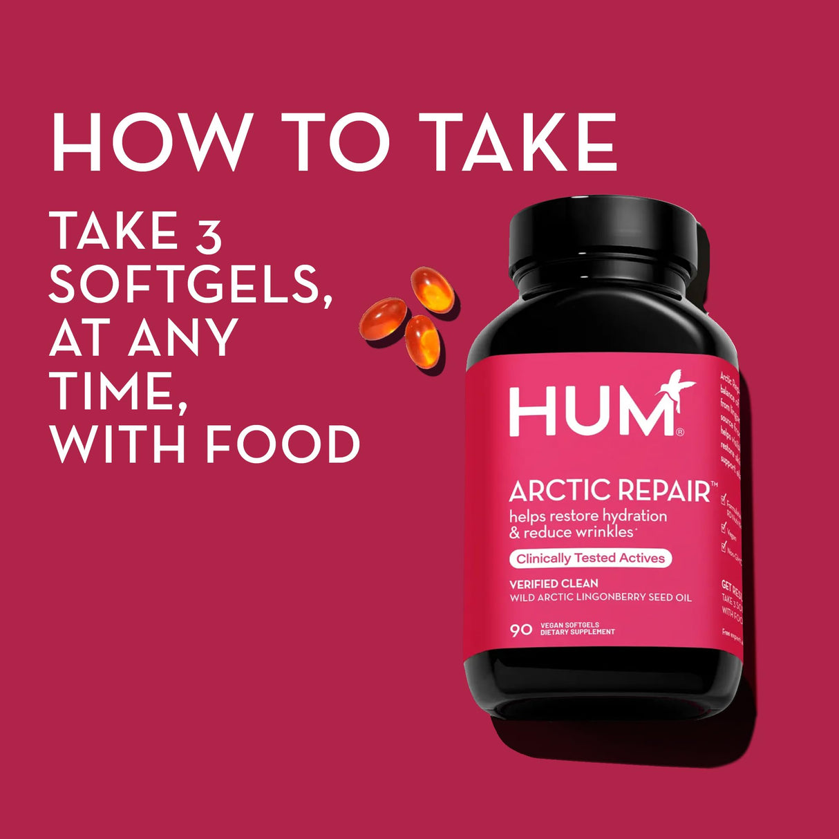 HUM Arctic Repair - Clear Skin Supplement with Vitamins A & E, Omegas 3, 6 & 9, and Lingonberry Seed Oil to Help Reduce Appearance of Wrinkles, Rejuvenate & Hydrate Skin (90-Count)