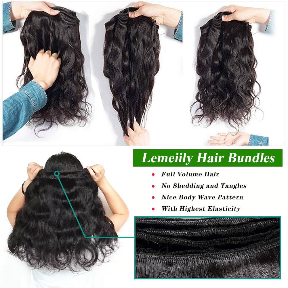Lemeiily Human Hair Bundles 16 18 20 Inch Body Wave Bundles Human Hair 100% Unprocessed Brazilian Virgin Hair Quick Weave Bundles Human Hair 3 Bundles Deals Real Human Hair Extensions Natural Black