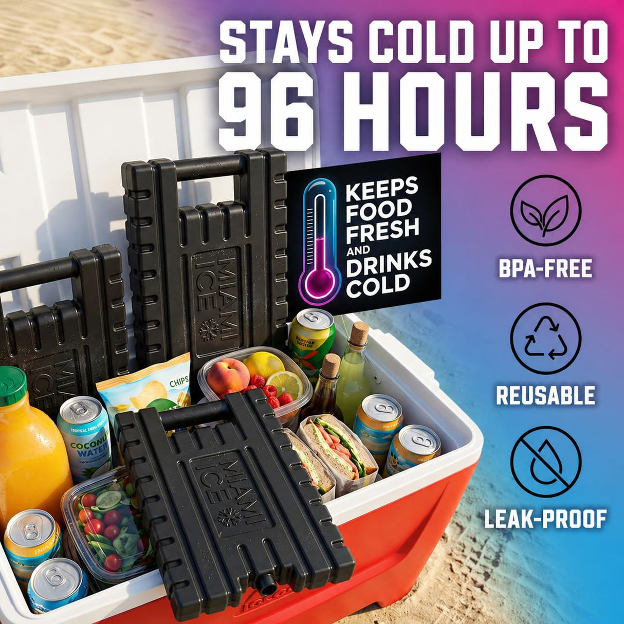 Miami Ice Reusable XL Cooler Ice Pack (12"x9") | Replaces 7 lbs of Ice, Stays Cold up to 96 Hours, BPA-Free, Built-in Handle, Large Frozen Ice Packs for Cooler (2-Pack)