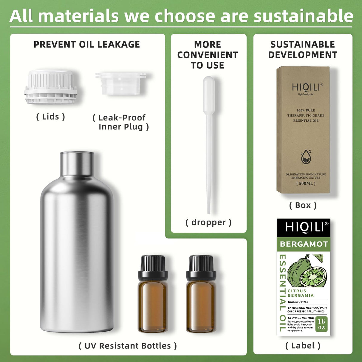 HIQILI Bergamot Essential Oil for Diffuser, Skin, Hair, DIY, 100% Pure & Natural - 16 Fl Oz (500 mL)