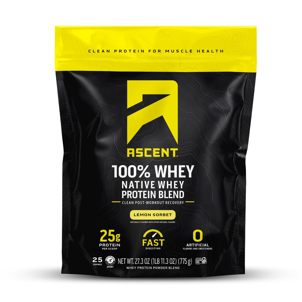 Ascent 100% Whey Protein Powder - Post Workout Whey Protein Isolate, Zero Artificial Flavors & Sweeteners, Gluten Free, 5.5g BCAA, 2.6g Leucine, Essential Amino Acids, Lemon Sorbet 1.7 lb
