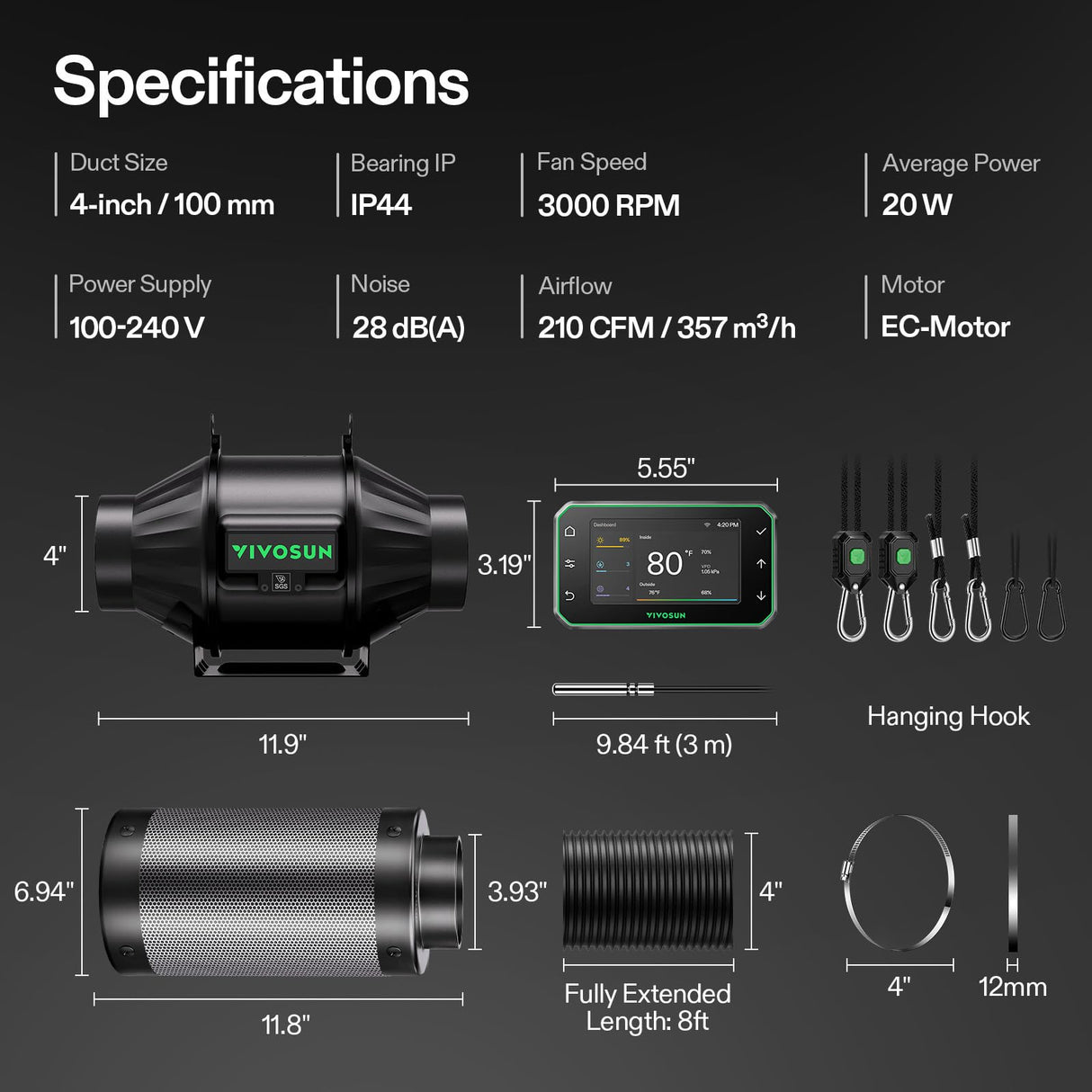 VIVOSUN T4 Smart Filtration Kit, Inline Fan, Controller, Carbon Filter,Duct