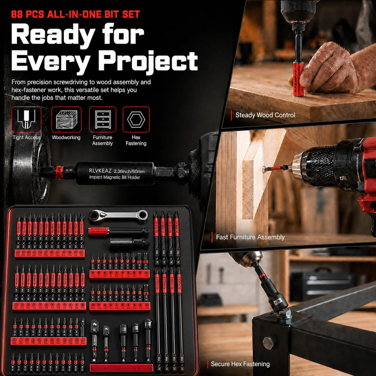 RLVKEAZ 88-Piece Impact Driver & Magnetic Screwdriver Bit Set, S2 Steel Security Torx Hex Phillips Square Triangle Slotted Bits, Mini Ratchet Wrench, Magnetic Bit Holders & Nut Driver, 1/4'' Hex Shank