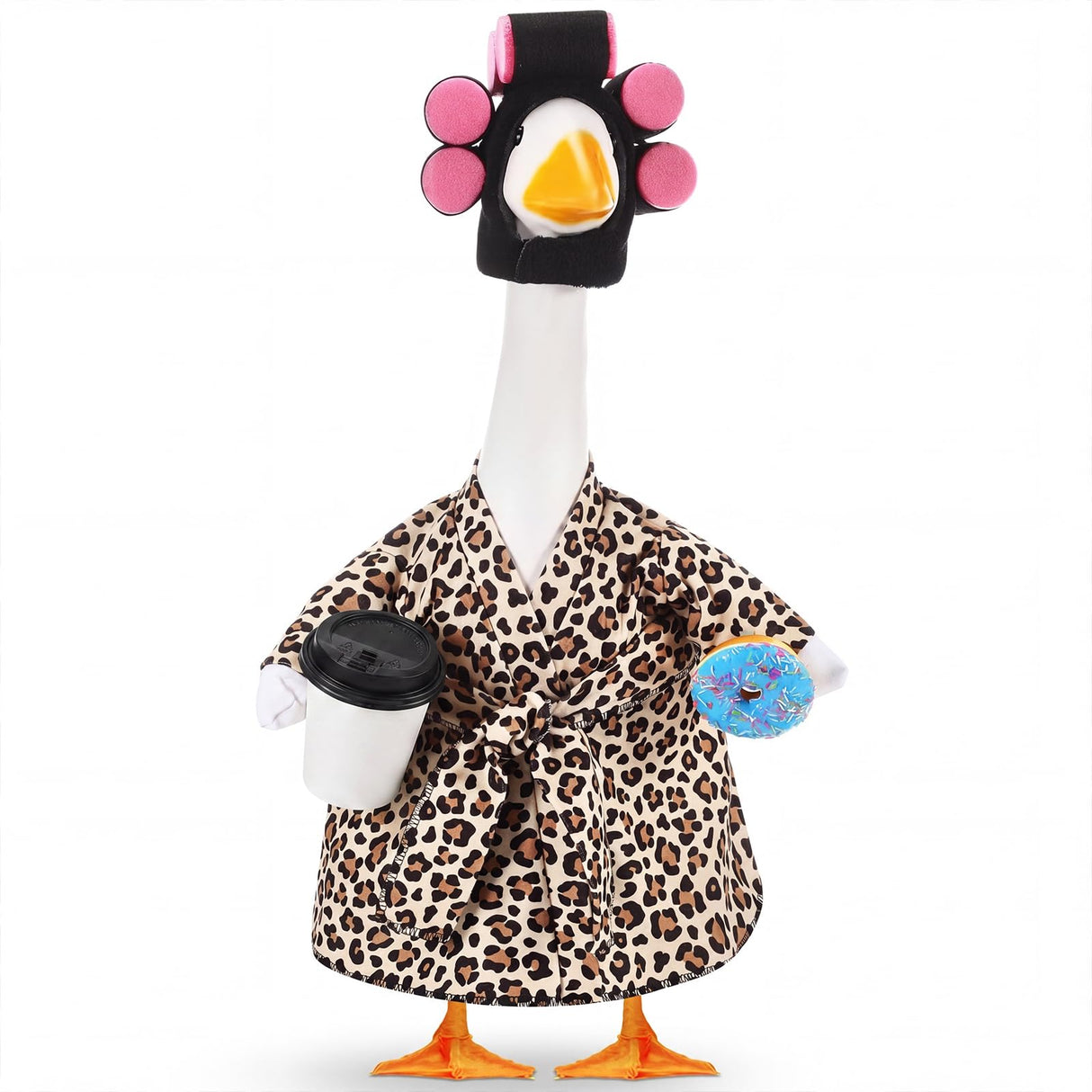Shyyween Lady Porch Goose Outfit Leopard Print Bathrobe Goose Clothes with Curlers Coffee Cup for 23 Inch Cement/ Plastic Statue Outdoor Garden Yard Lawn Decoration