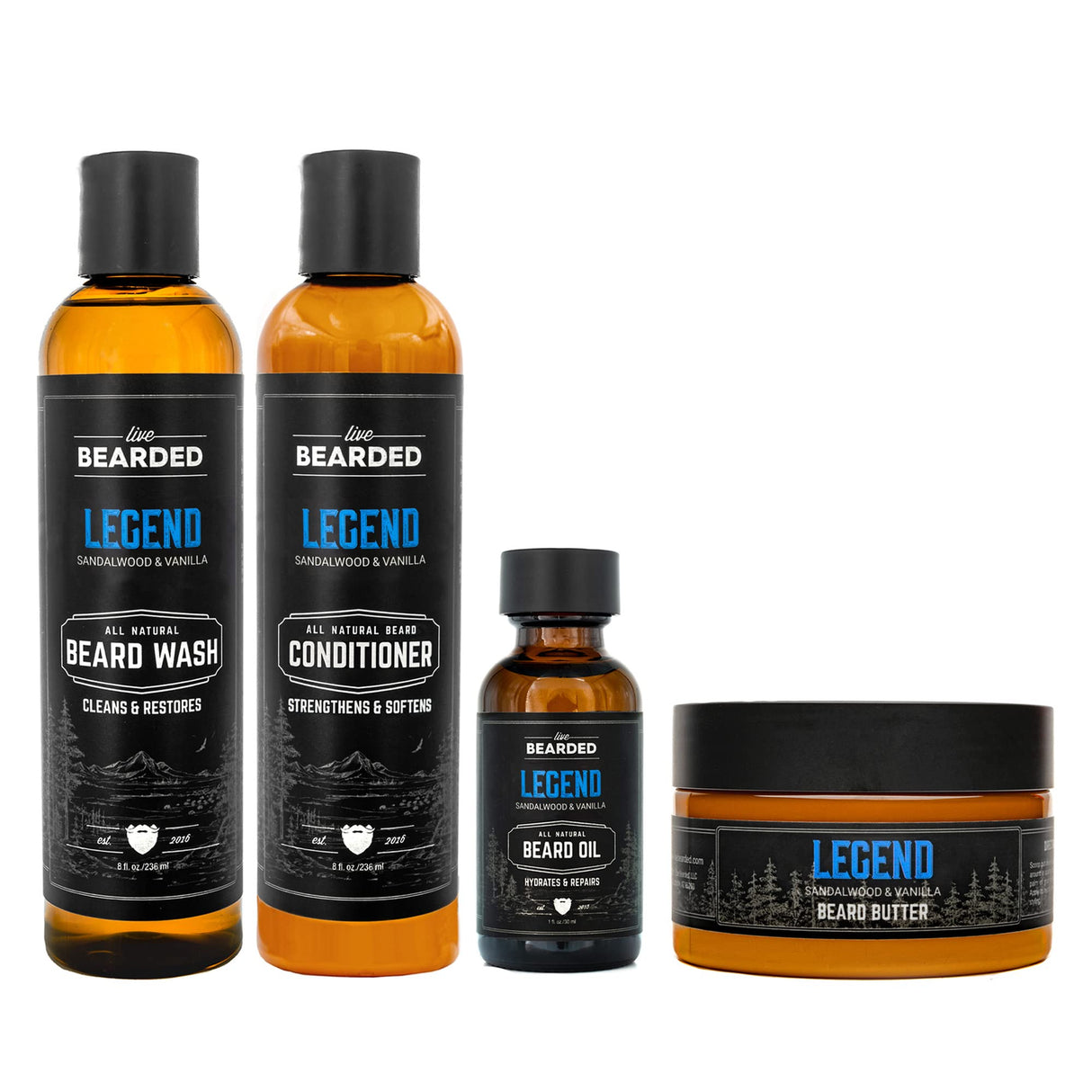 Live Bearded Complete Beard Grooming Kit - Wash, Conditioner, Butter and Oil - Made in the USA with All-Natural Ingredients - Mens Groom Set | Legend Scent - Sandalwood, Vanilla