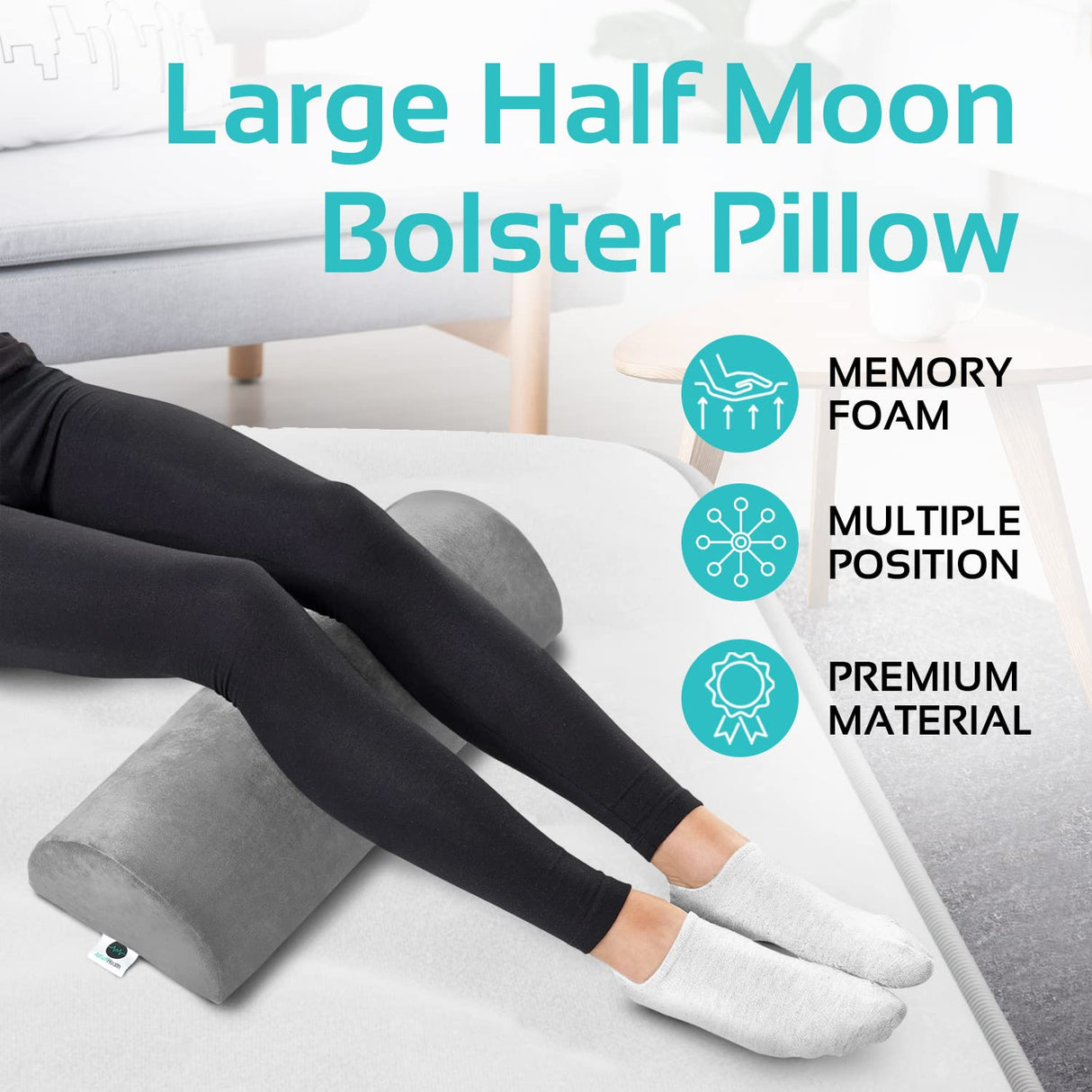 2 Pack Large Half Moon Bolster Pillow for Legs, Knees, Lower Back and Head (2 Pack) Lumbar Support Pillow for Bed, Sleeping | Semi Roll for Ankle and Foot Comfort - Machine Washable Cover, Grey