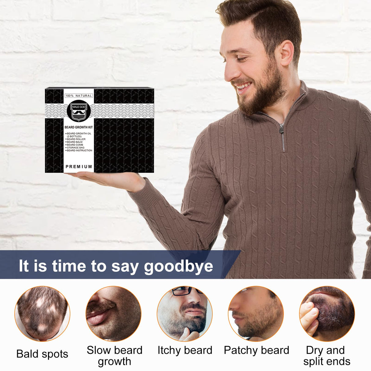 MALE GOD Beard Growth Kit, Beard Kit W/Beard Growth Oil (2 Bottles), Beard Balm, Beard Comb, Massager for Spot/Patchy Beard, Christmas Gifts for Men Him Boyfriend Husband