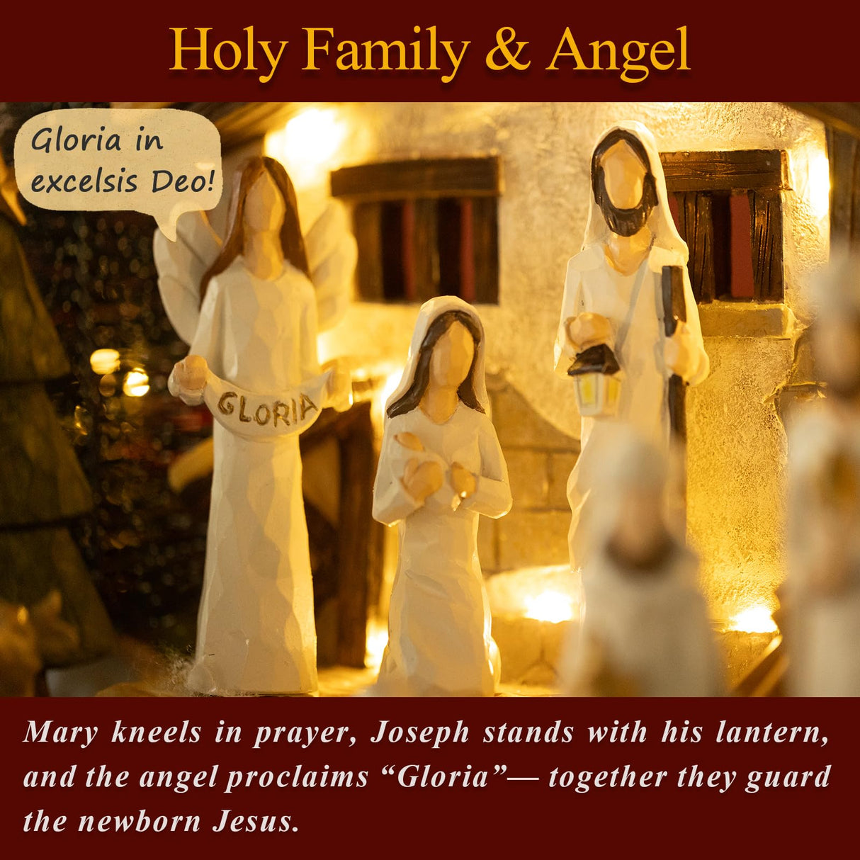 Nativity Set Indoor – 15 Pieces Christmas Nativity Scene Set with Manger, LED Star, Angel with Gloria Banner, Wooden Style Nativity Sets & Figures for Kids and Family Holiday Christmas Décor