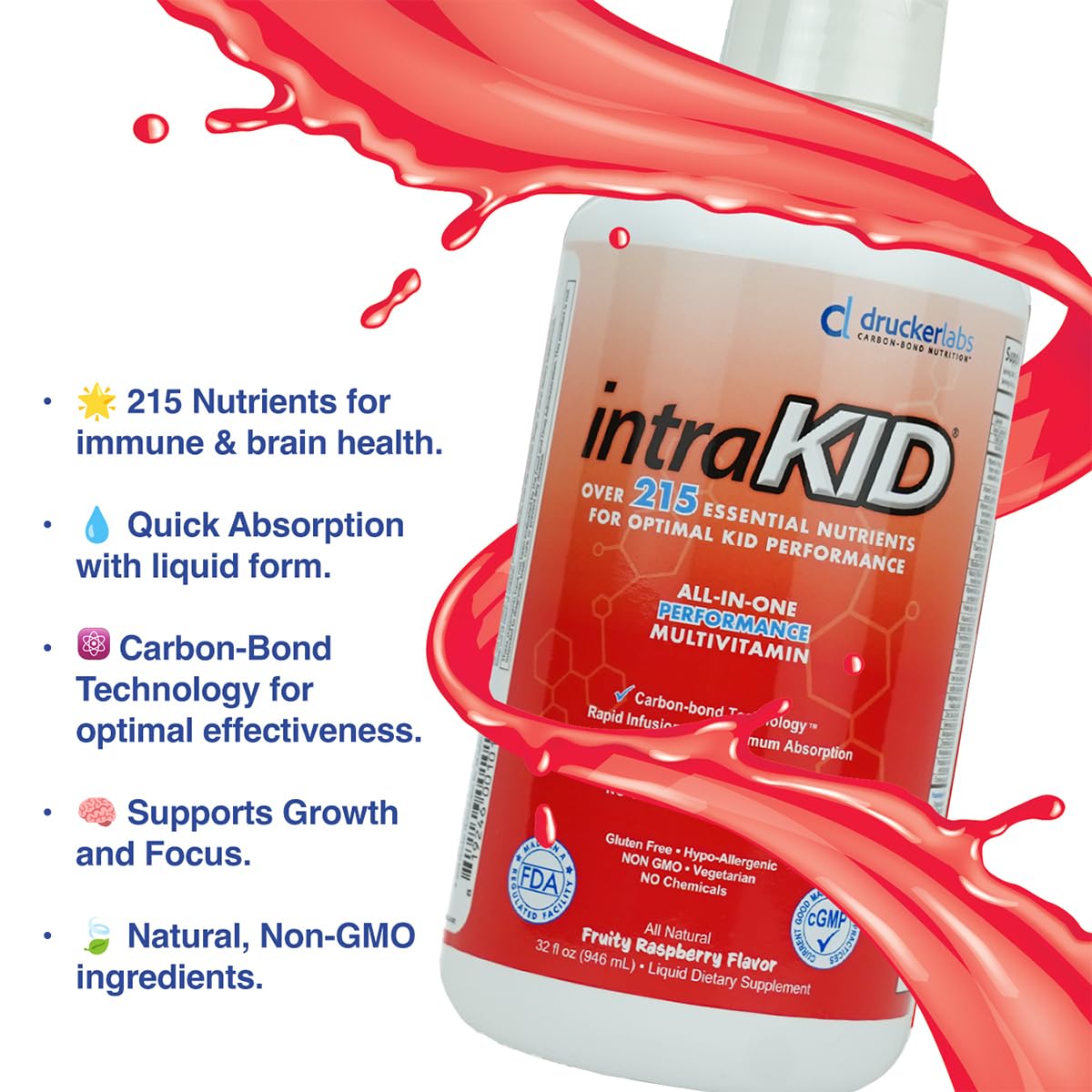 intraKID Drucker Labs Organic Liquid Multivitamin for Kids, Immune Support, Non GMO, Dairy Free, Gluten Free, Magnesium, Vitamin A,C,E, Zinc, (32 oz., Fruity Raspberry)