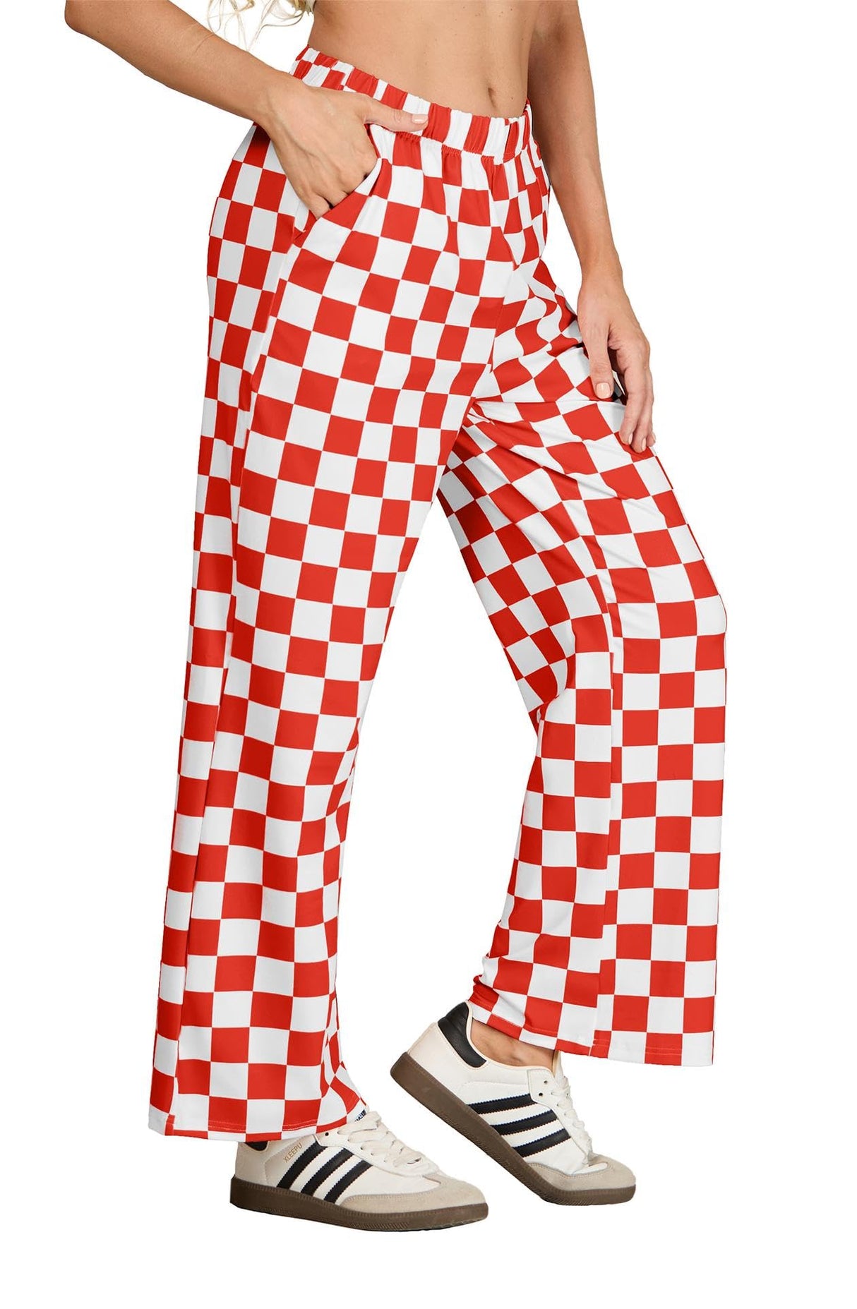 IWOLLENCE Christmas Checkered Pants for Women High Waist Wide Leg Plaid Pajama Pant Teen Girl Y2K Lounge Preppy Trousers Red White, M