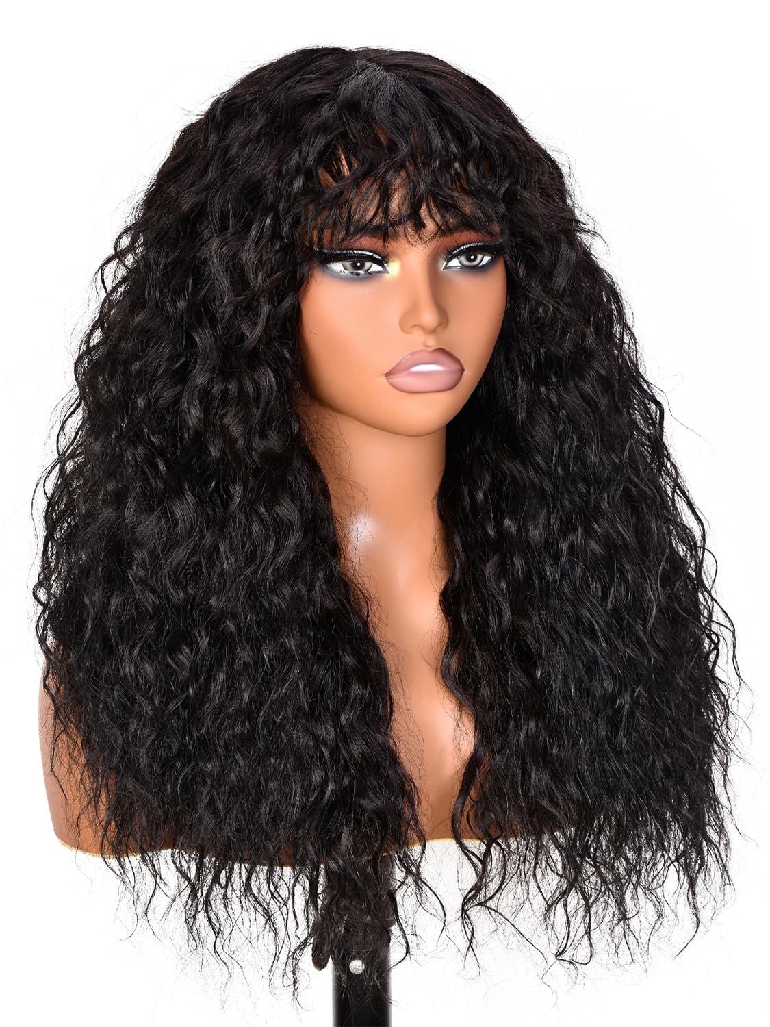 Black Curly Wigs With Bangs for Black Women Human Hair Fix Premium Fiber Long Black Wig for Daily