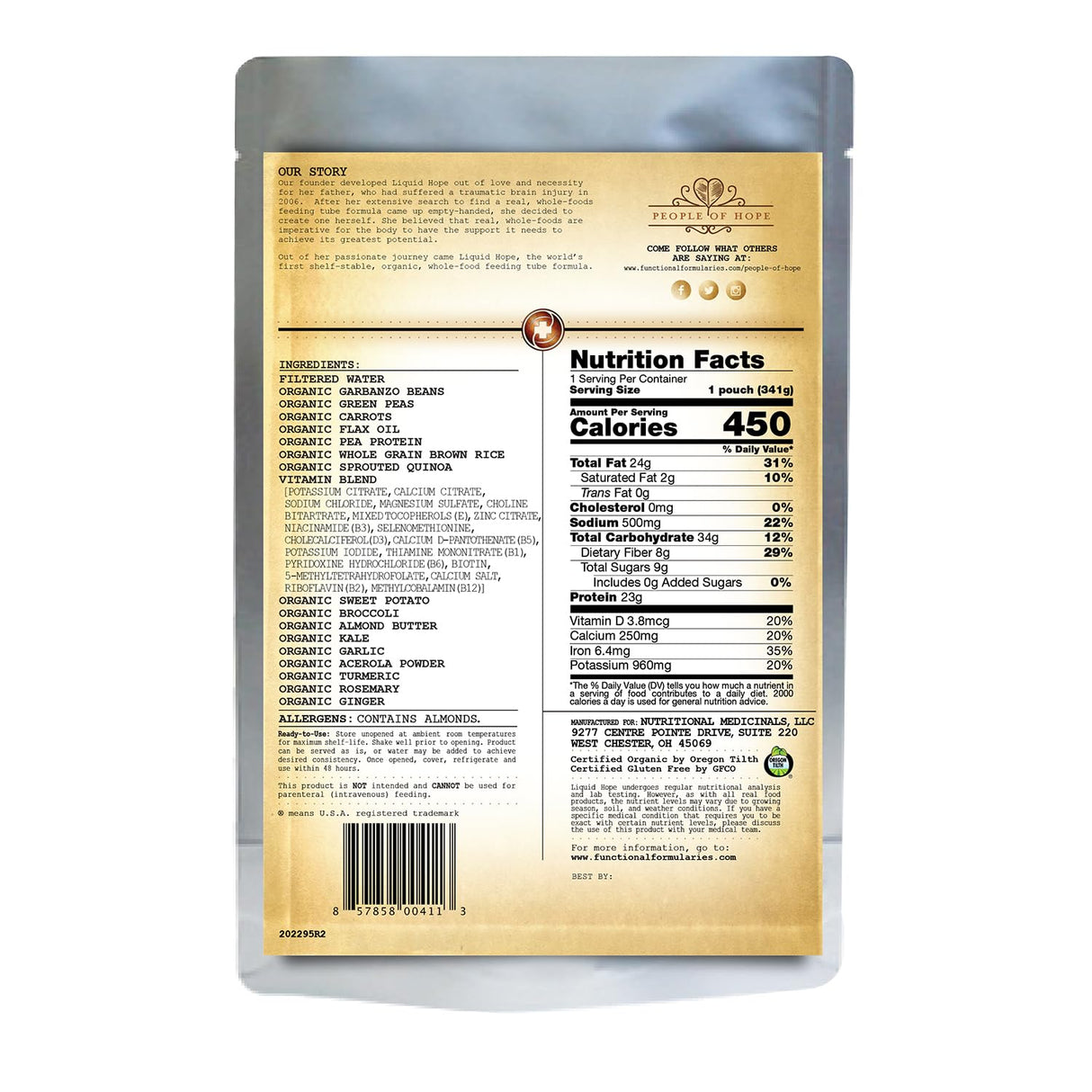 Functional Formularies Liquid Hope – Organic Whole Foods Nutritional Meal & Tube-Feeding Formula, 12 oz Pouch, Pack of 24