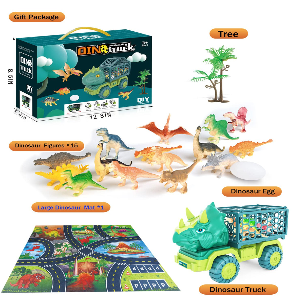 Dinosaur Truck Toys for Kids 3-5, Triceratops Car Toy with 15 Dino Figures,Large Activity Play Mat, Dinosaur Eggs, Dinosaur Play Set for Boys and Girls,Christmas Xmax,Stocking Stuffers