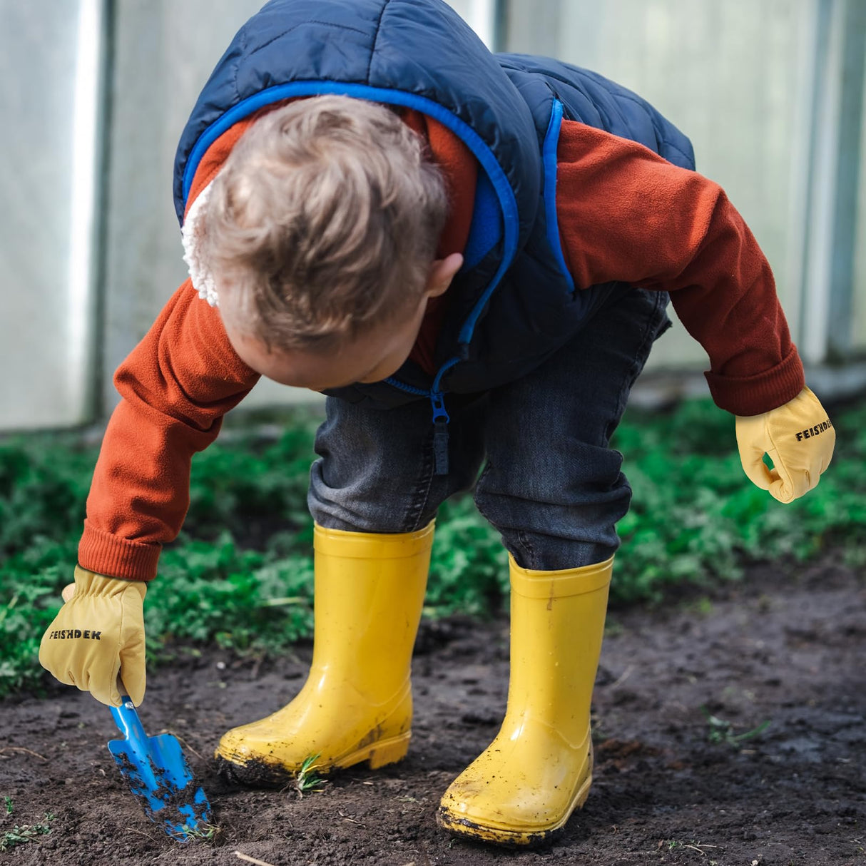 FEISHDEK Kids Leather Gardening Gloves, Toddler Work Gloves, Perfect for Children Gardening for Kids Age 2-12 (Yellow - 1 Pairs, X-Large (8-12 Years Old))