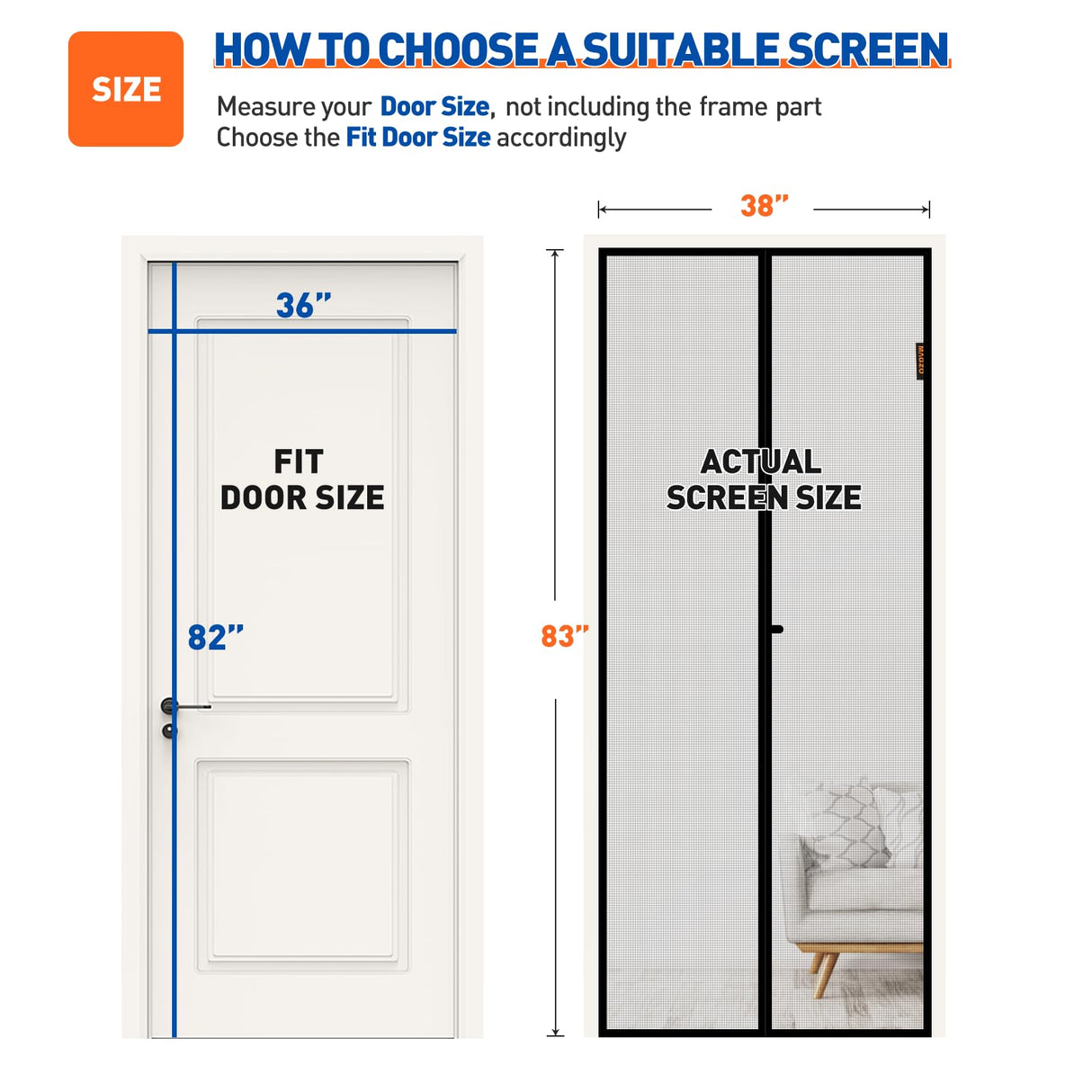 MAGZO Magnetic Screen Door Fit Door Size 36 x 82 Inch, Screen Size 38" x 83" Strong Magnets Mesh, Reinforced Fiberglass Net for Patio and Front Entrances, Gray
