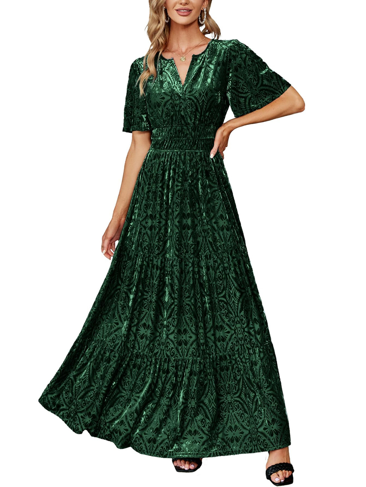 Amegoya Velvet Dress for Women Formal Winter Wedding Guest Dress Short Sleeve V Neck Semi Formal Party Christmas Dresses(Emerald Green L)