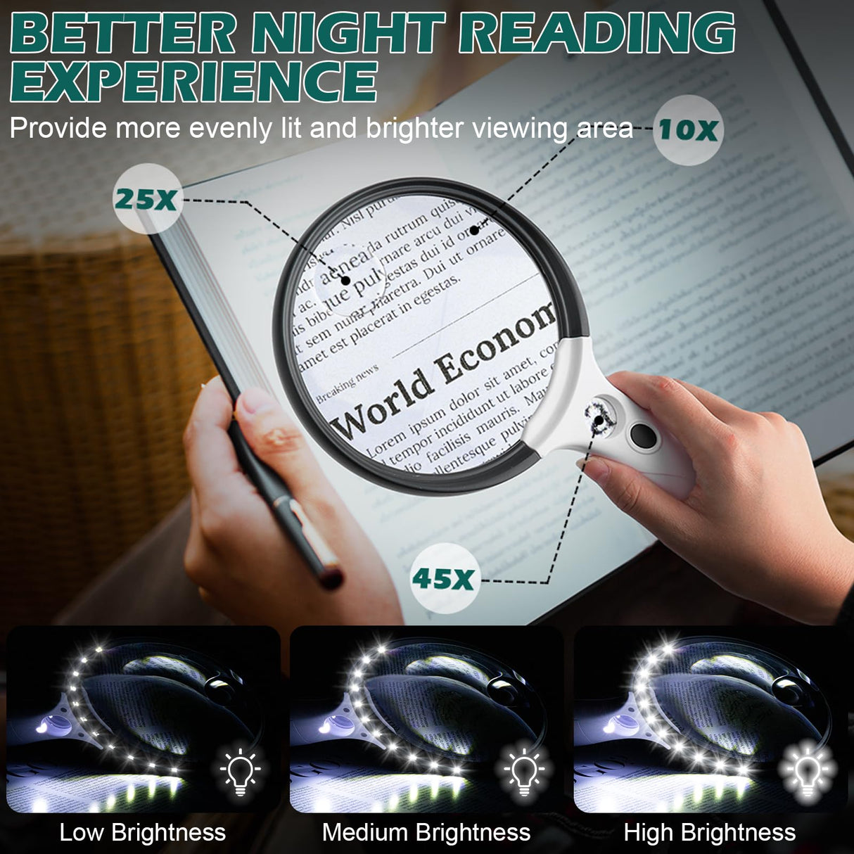 Large Magnifying Glass with Light, 10X 25X 45X Handheld Illuminated Magnifier with 3 Light Modes, 12 LED Lights, Storage Bag, Clean Cloth for Seniors Reading Coins Inspection (Black, Round)