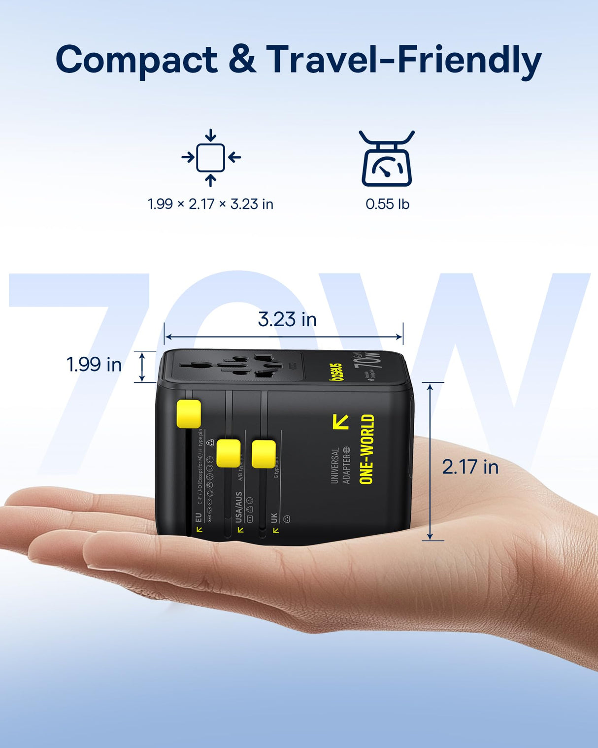 Baseus 70W Universal Travel Adapter, 6-in-1 International Plug Adapter with Retractable Cable, USB-C PD Fast Charging Worldwide Wall Charger for USA/EU/UK/AUS and Over 200 Countries - Enercore CG11