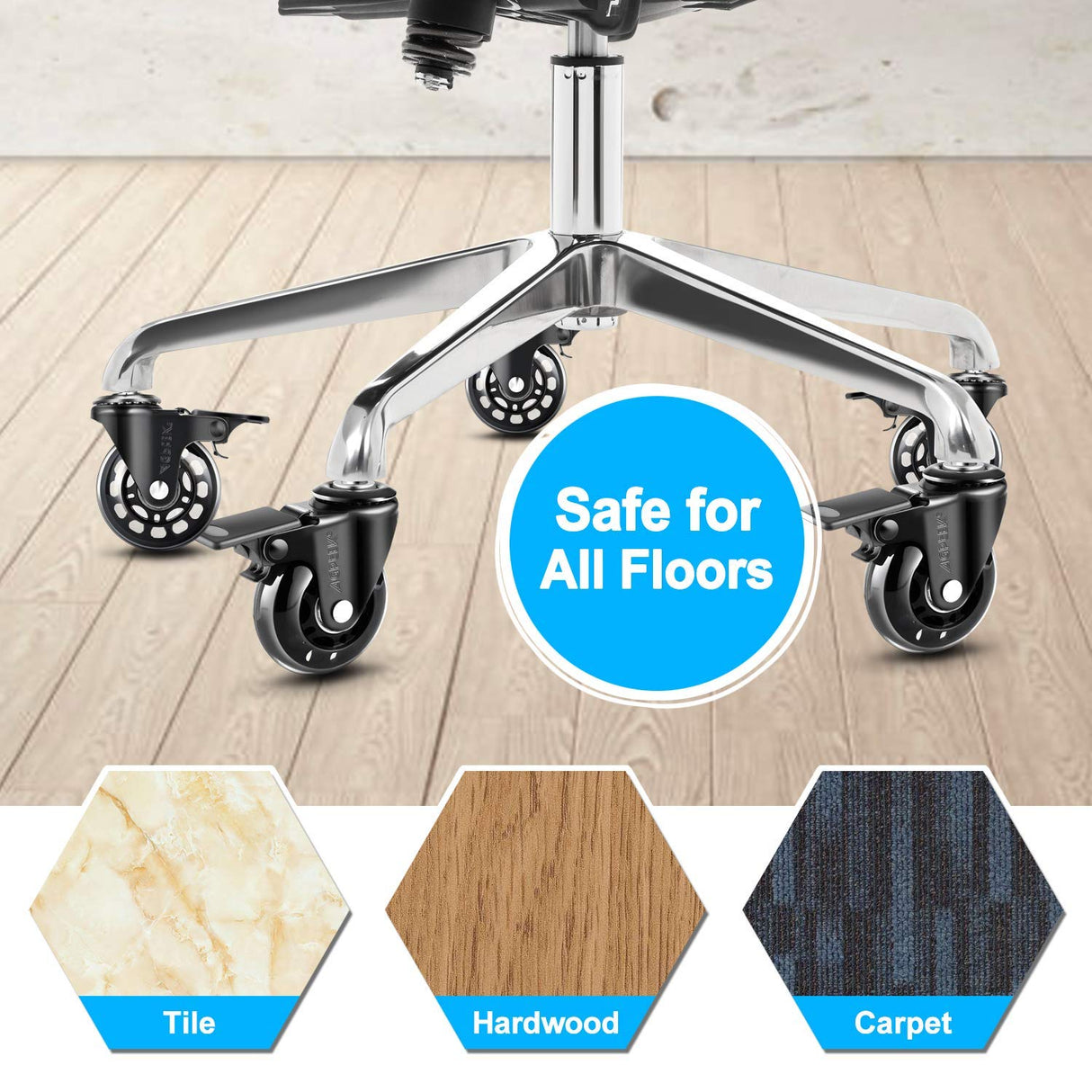 AGPtEK Office Chair Casters with Brake Heavy Duty 2.5" Universal Fit Locking Casters with Screwdriver, Safe Roller Wheel Replacement All with Brake System for Hardwood Floors Mat Carpet Tile, Set of 5