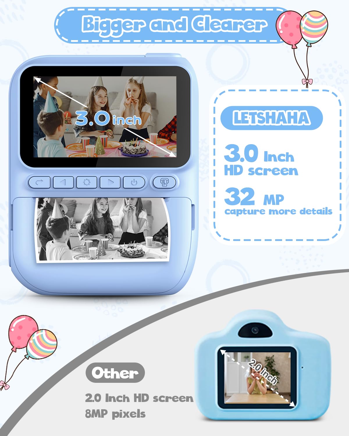 Kids Instant Print Camera, 3.0-inch HD Screen 32MP Photo Instant Digital Camera Christmas Birthday Gifts Toys for Children Girls Boys Age 3-12 - Blue