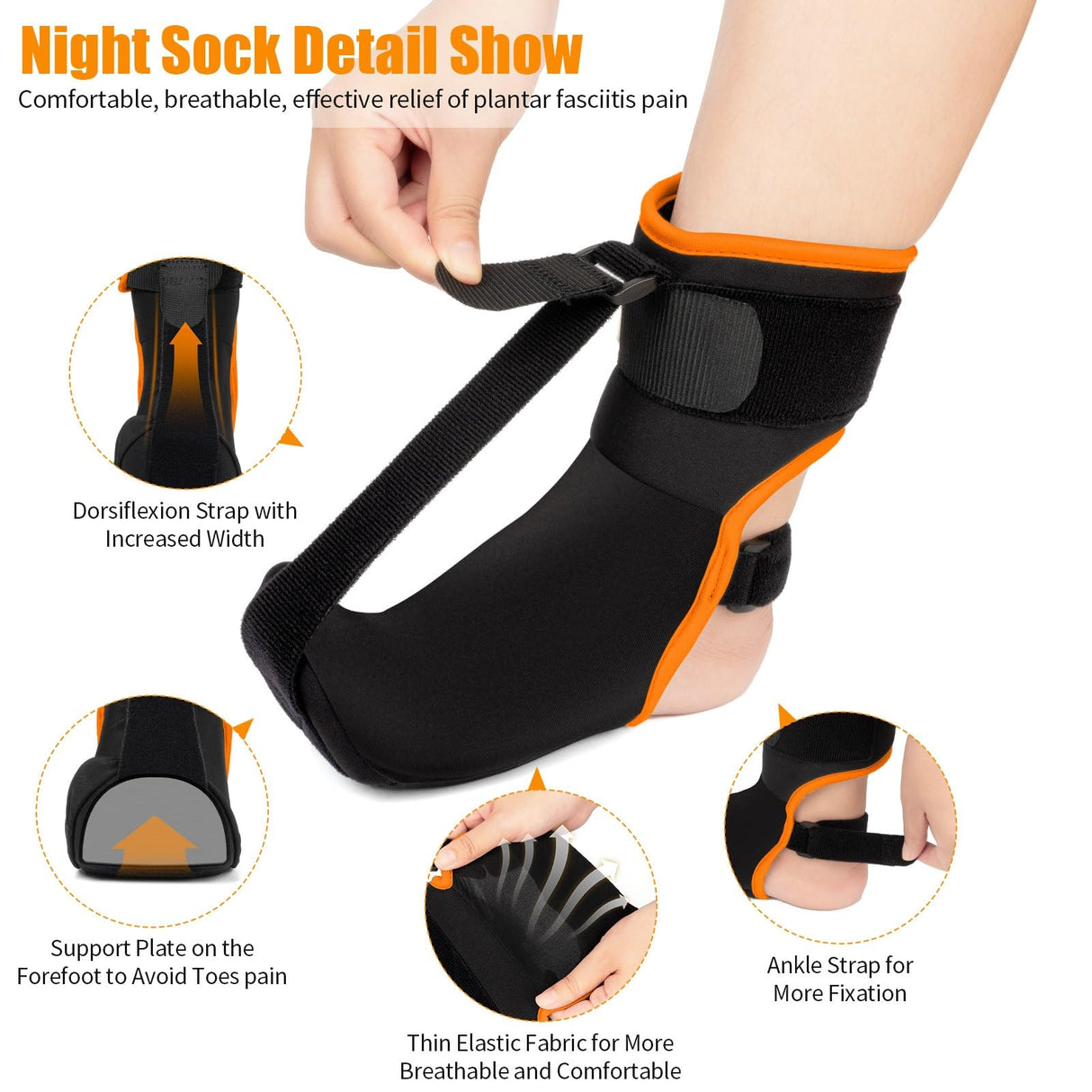 CEZUVR-US Plantar Fasciitis Night Splint Sock: Upgraded Plantar Fasciitis Brace with Support Plate for Women Men for Achilles Tendonitis Foot Drop Heel Spur Pain Relief Black-Orange Large