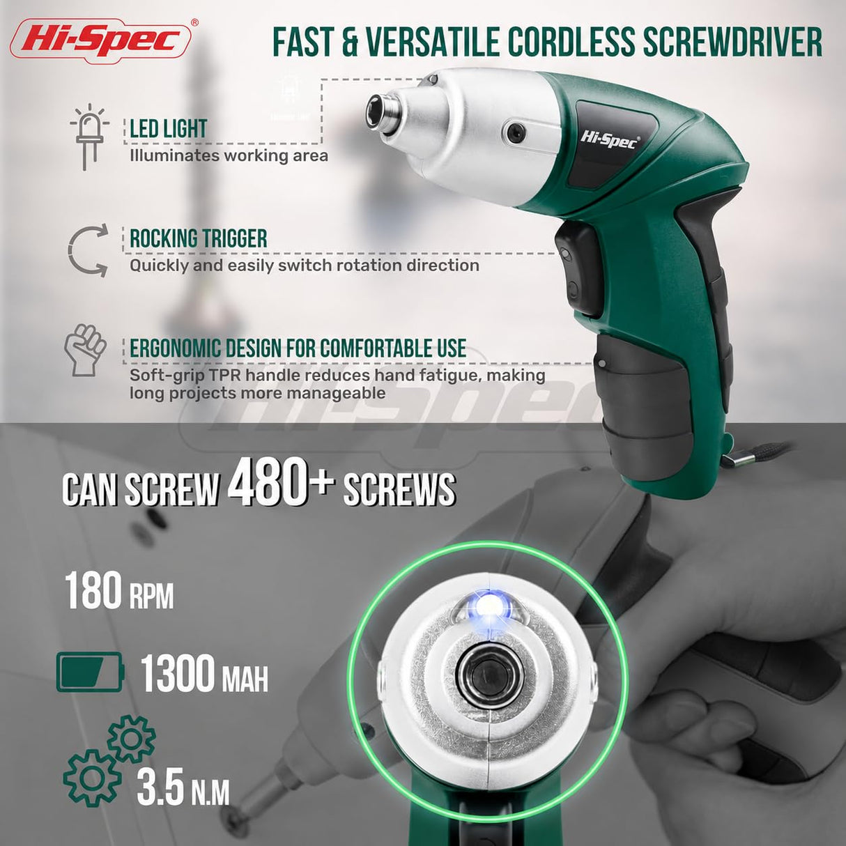 Hi-Spec 3.6V Cordless Electric Screwdriver Set with Interchangeable Bits, Green