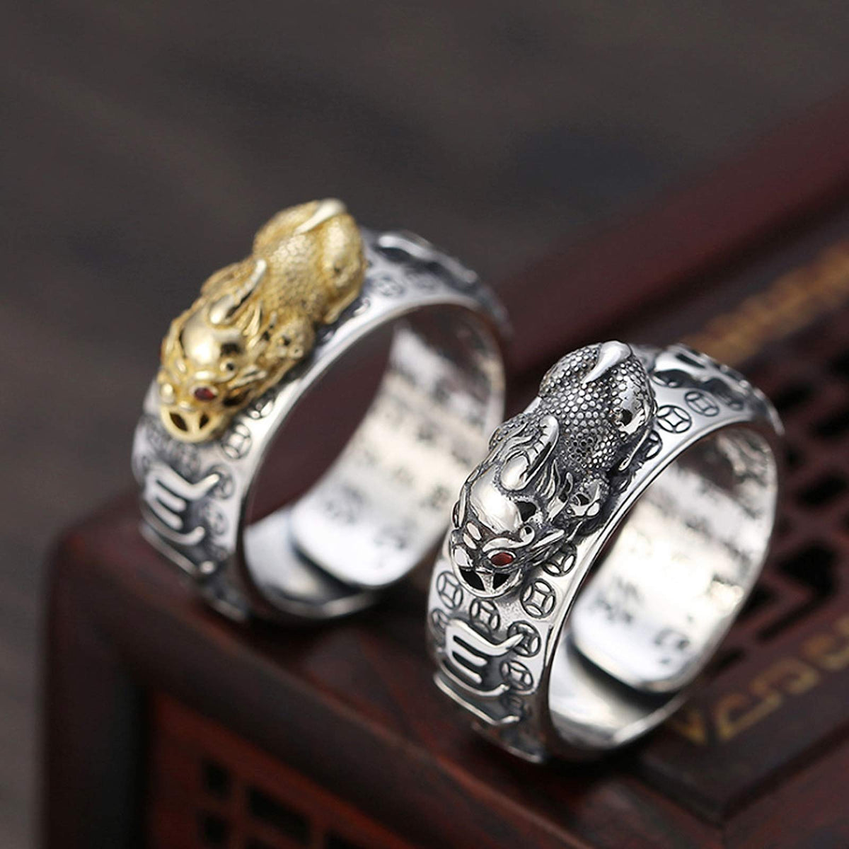 HJ HUAJ 990 Silver Feng Shui PiXiu Adjustable Ring MANI Mantra Protection Wealth Ring