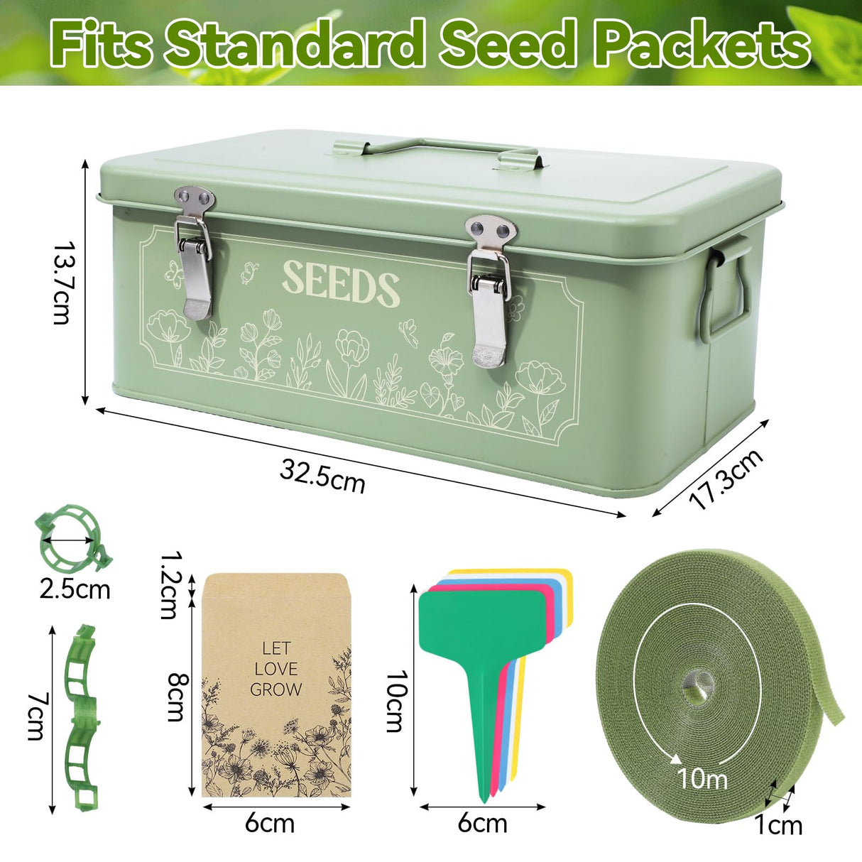 Pimoys Seed Storage Organizer, Metal Seed Saving Box with Lid, Seed Bank Container with 50 Labels 50 Envelopes 20 Plant Clips 32.8Ft Plant Tie, 4 Compartments Box Garden Seed Bin with Safety Locks