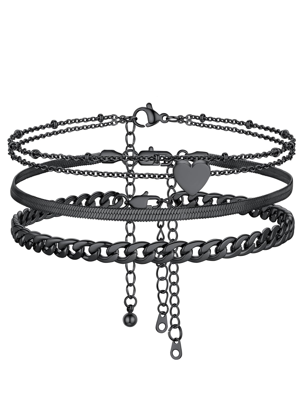 FOCALOOK Anklets for Women Waterproof, 3 Pcs Black Ankle Bracelets for Women Plus Size Adjustable Cuban Figaro Link Chain Heart Charm Anklets Set for Summer Beach Gift
