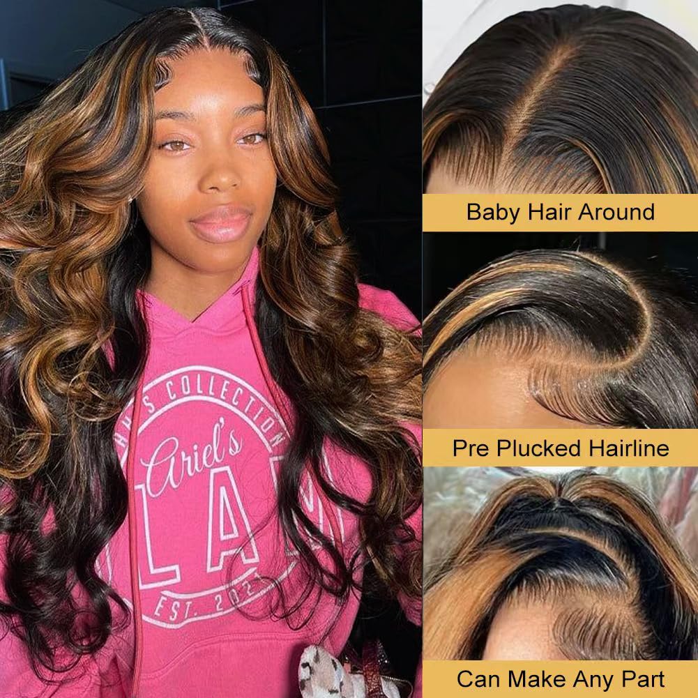 28 Inch Honey Blonde Ombre Lace Front Wig Human Hair 200 Density 13X6 Highlight Body Wave Lace Front Wig Human Hair Pre Plucked With Baby Hair Glueless HD Lace Frontal Wig for Women T1B/30 Colored Wig
