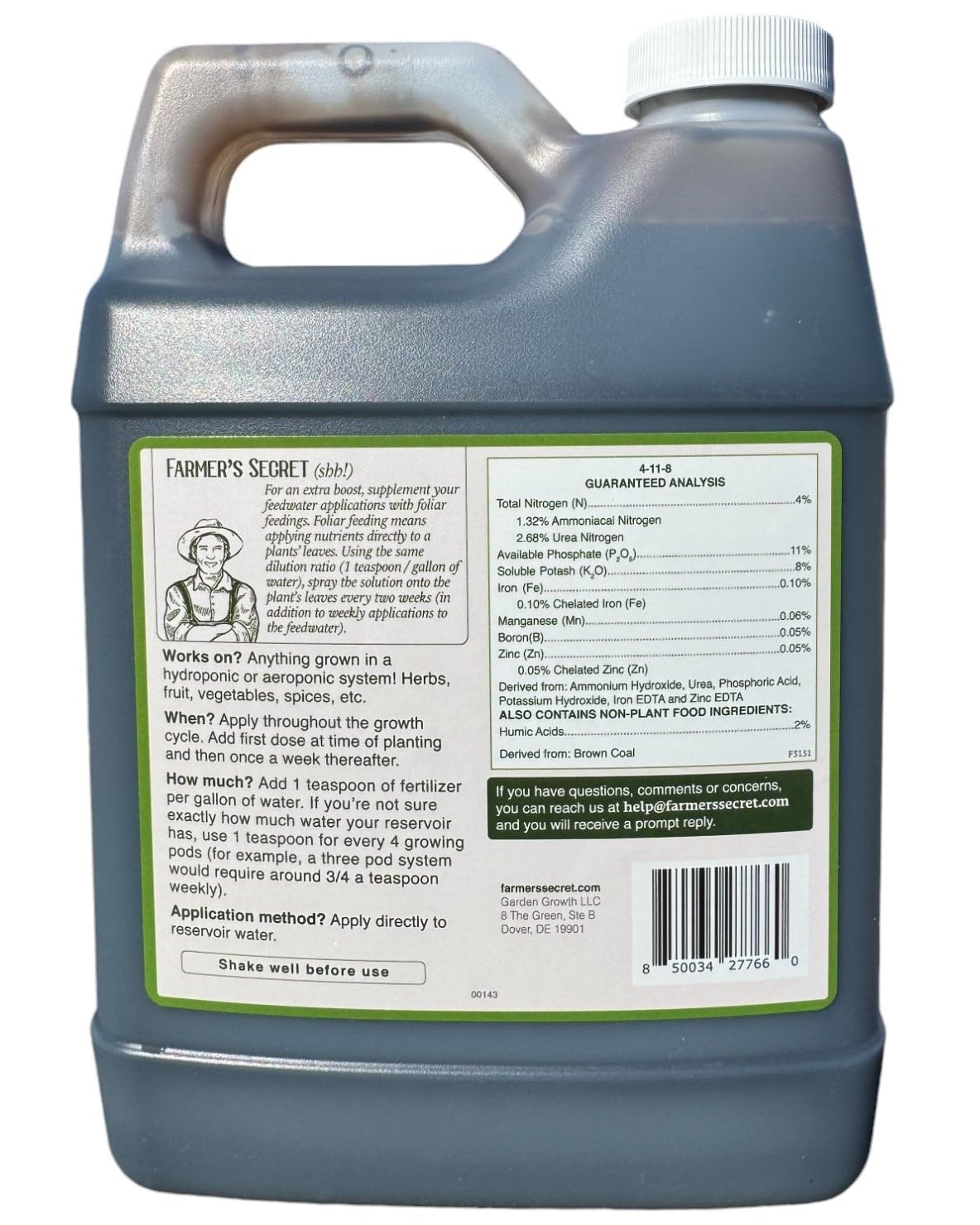Farmer's Secret Hydroponic Booster Fertilizer - Super Concentrated 4-11-8 Formula - Use with Any Hydroponic or Aeroponic System - Great for Herbs, Veggies, Fruits, and More (32oz)