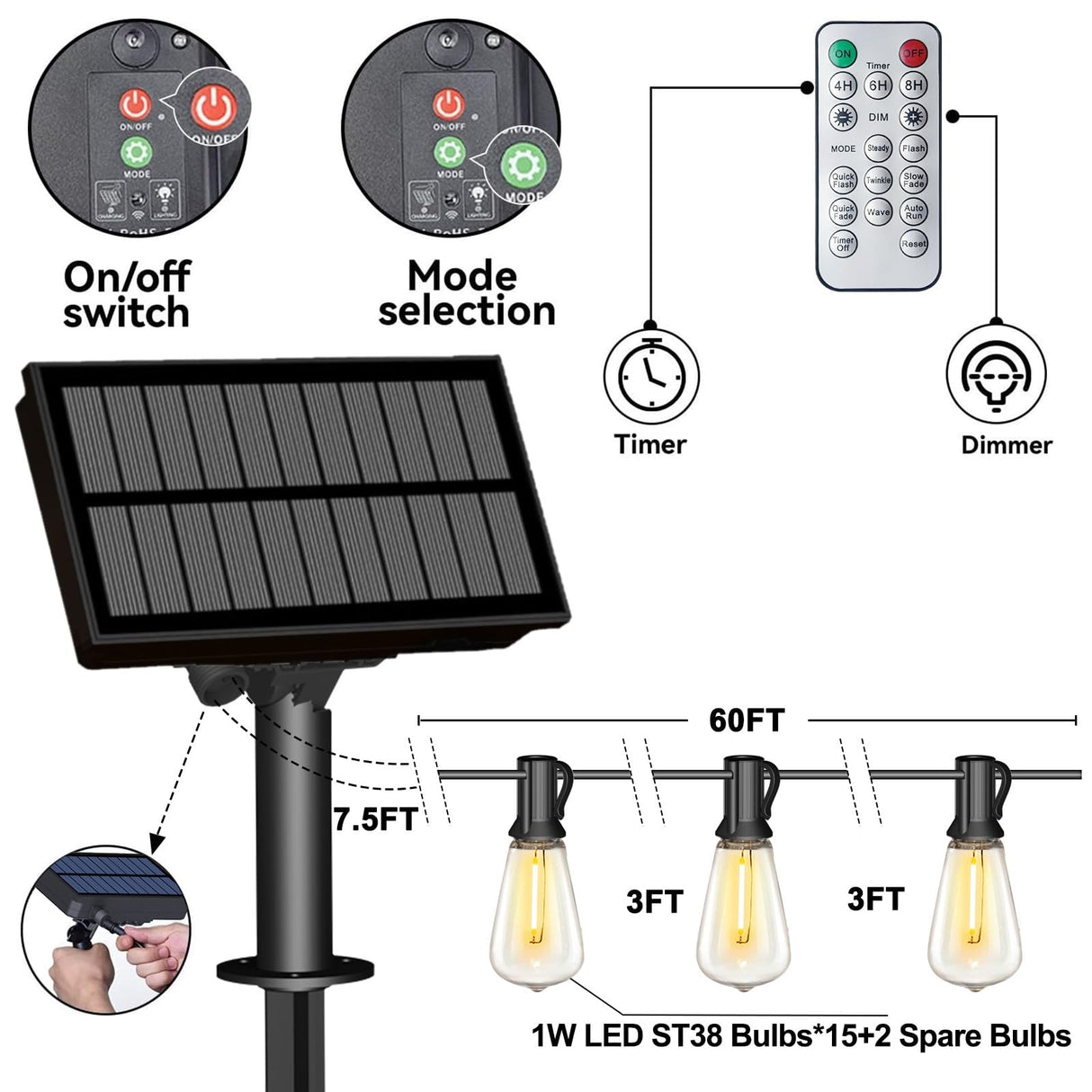 Stright 60FT Solar String Lights Outdoor Weatherproof with Remote, Solar Powered LED Edison Bulb 15 Sockets Outdoor String Lights for Outside Patio Backyard Fence Halloween Christmas Decorations