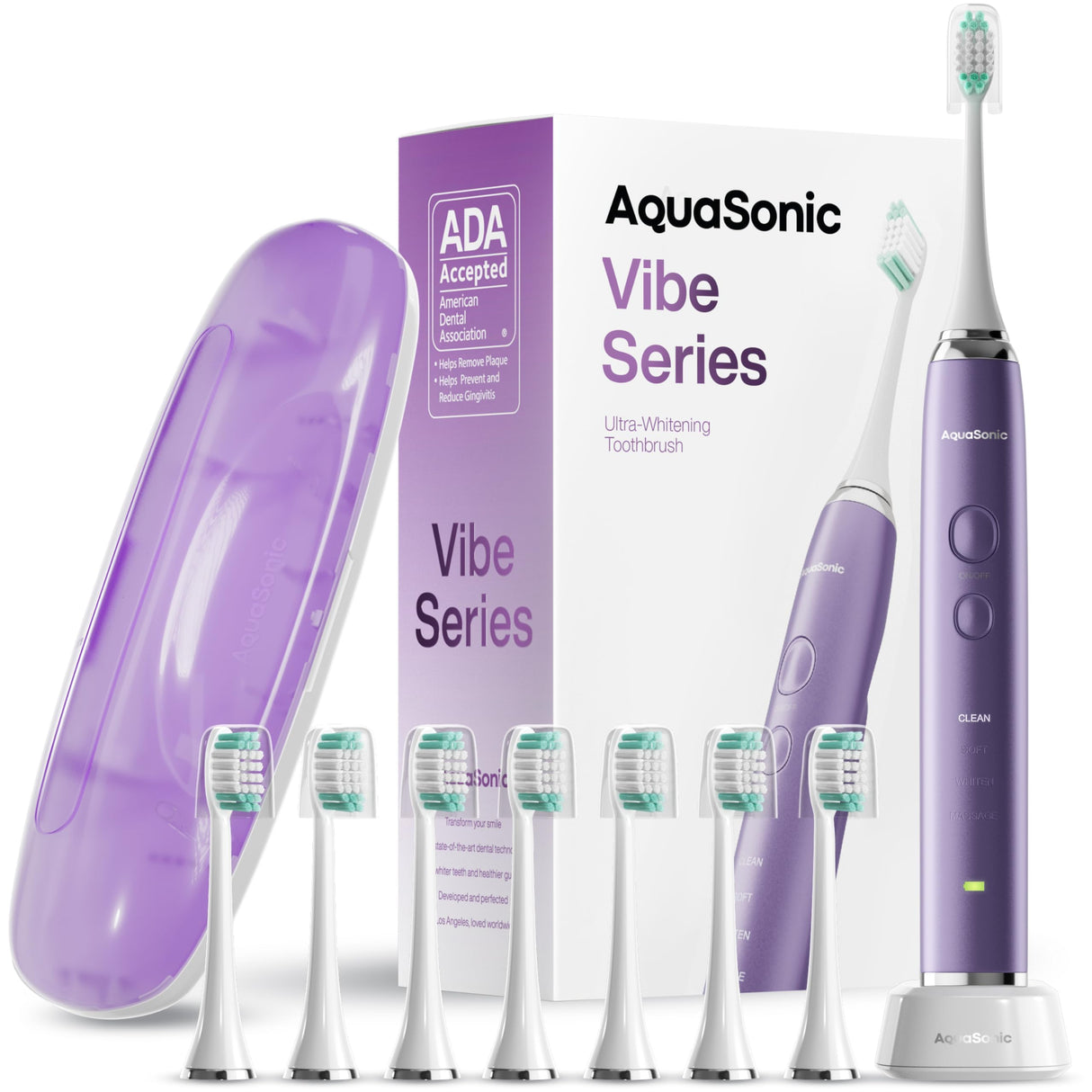 Aquasonic Vibe Series Ultra-Whitening Toothbrush – ADA Accepted Electric Toothbrush - 8 Brush Heads & Travel Case – 40,000 VPM Motor & Wireless Charging - 4 Modes w Smart Timer – Satin Violet